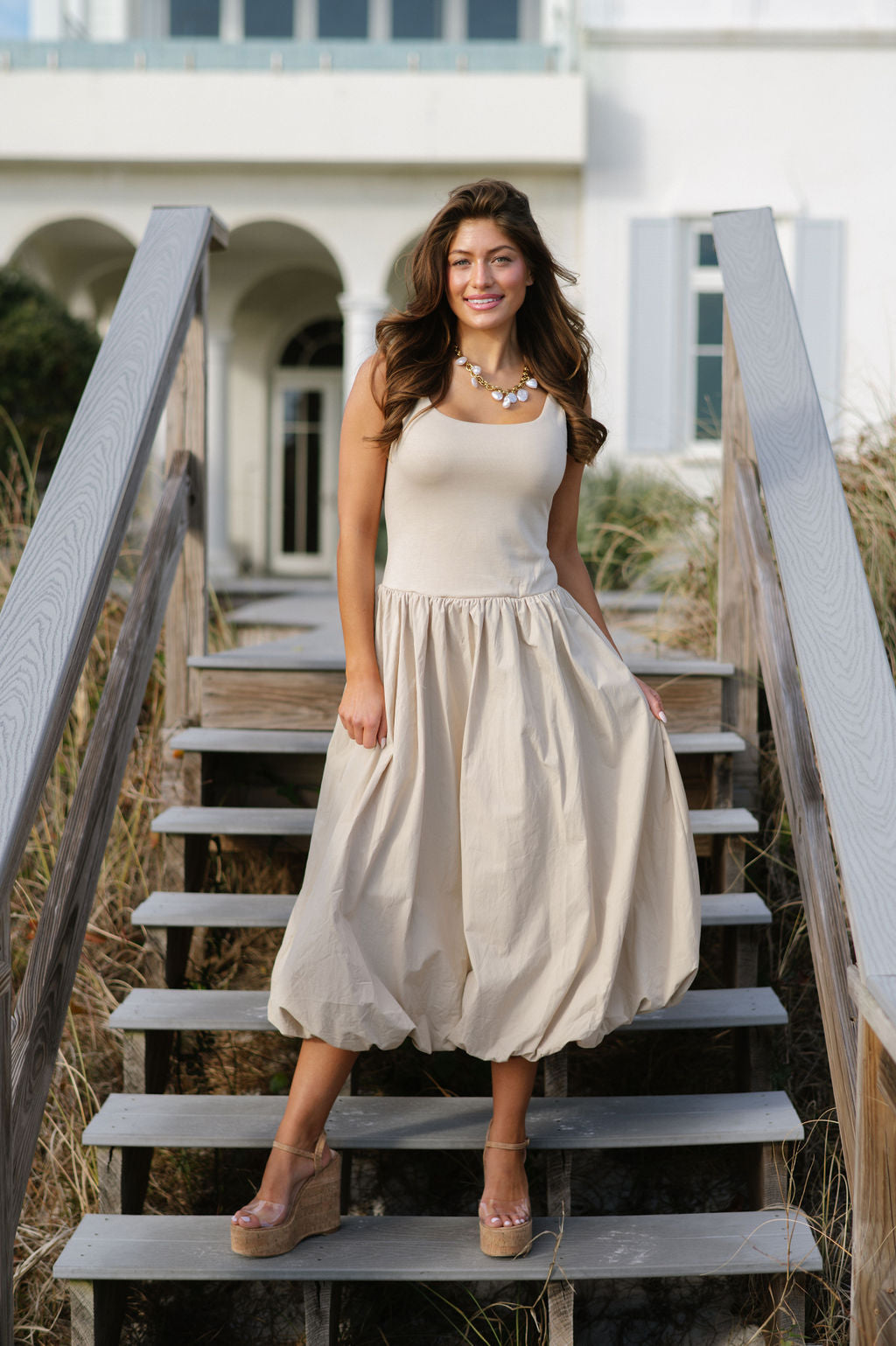 Balloon Hem Midi Dress-Light Taupe