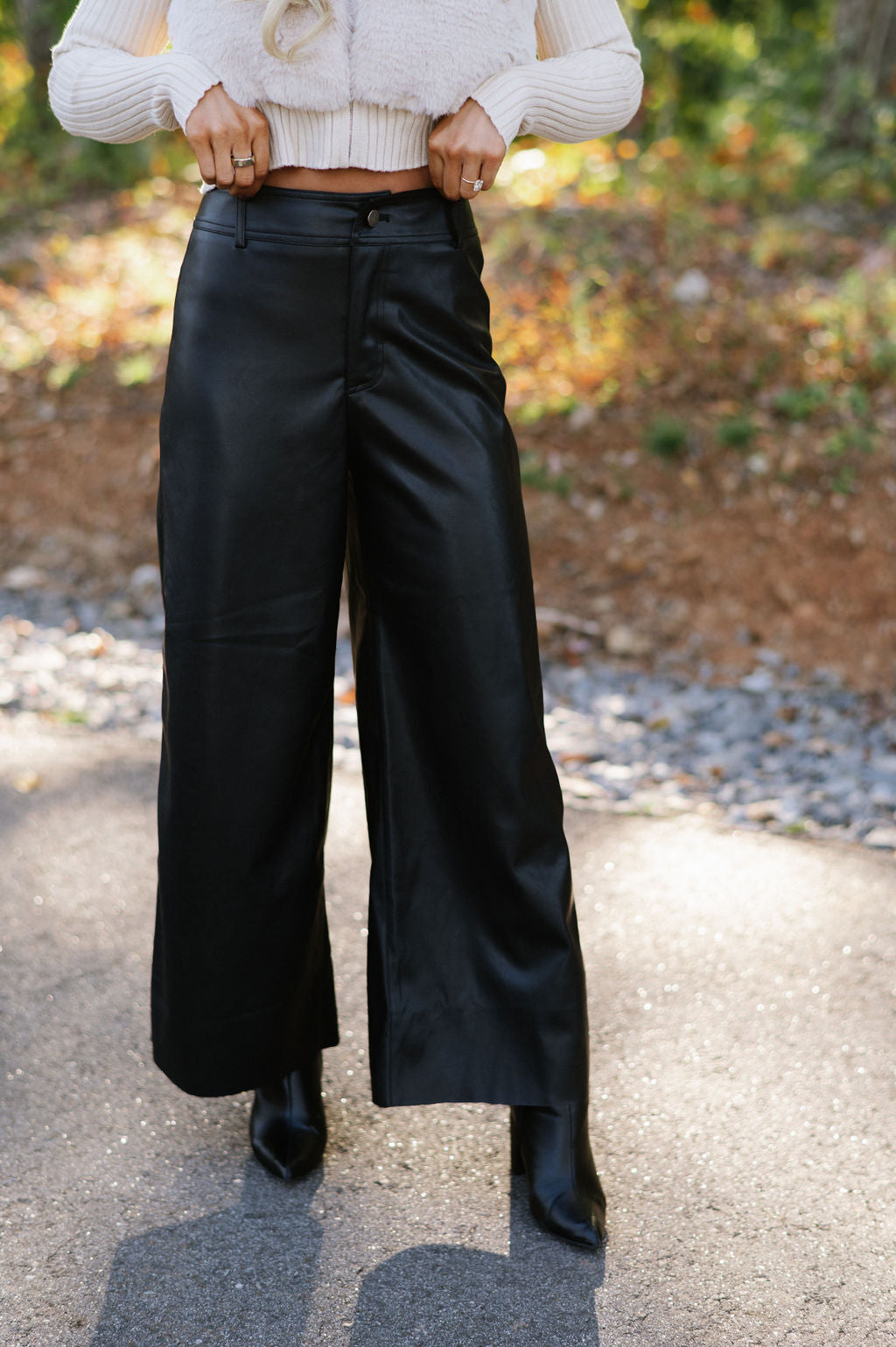 Monica Wide Leg Leather Pants-Black