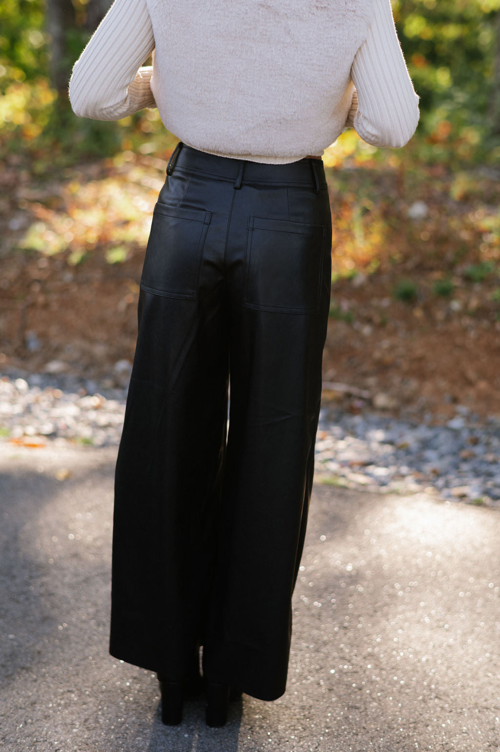 Monica Wide Leg Leather Pants-Black