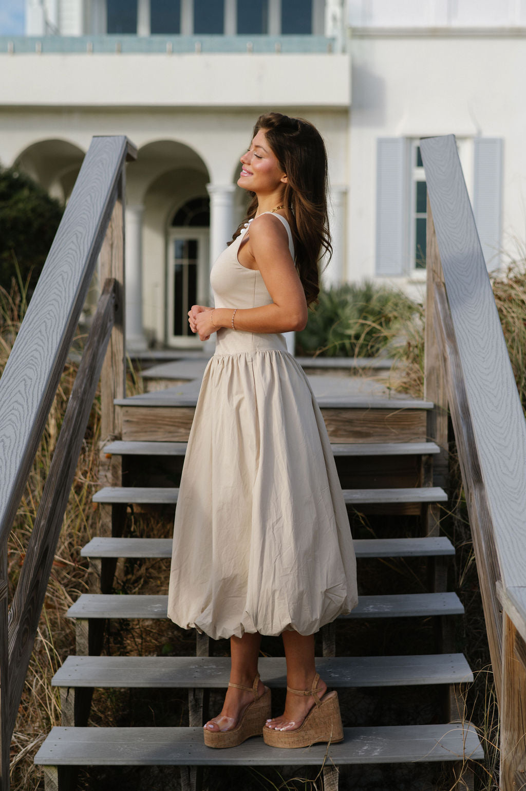 Balloon Hem Midi Dress-Light Taupe