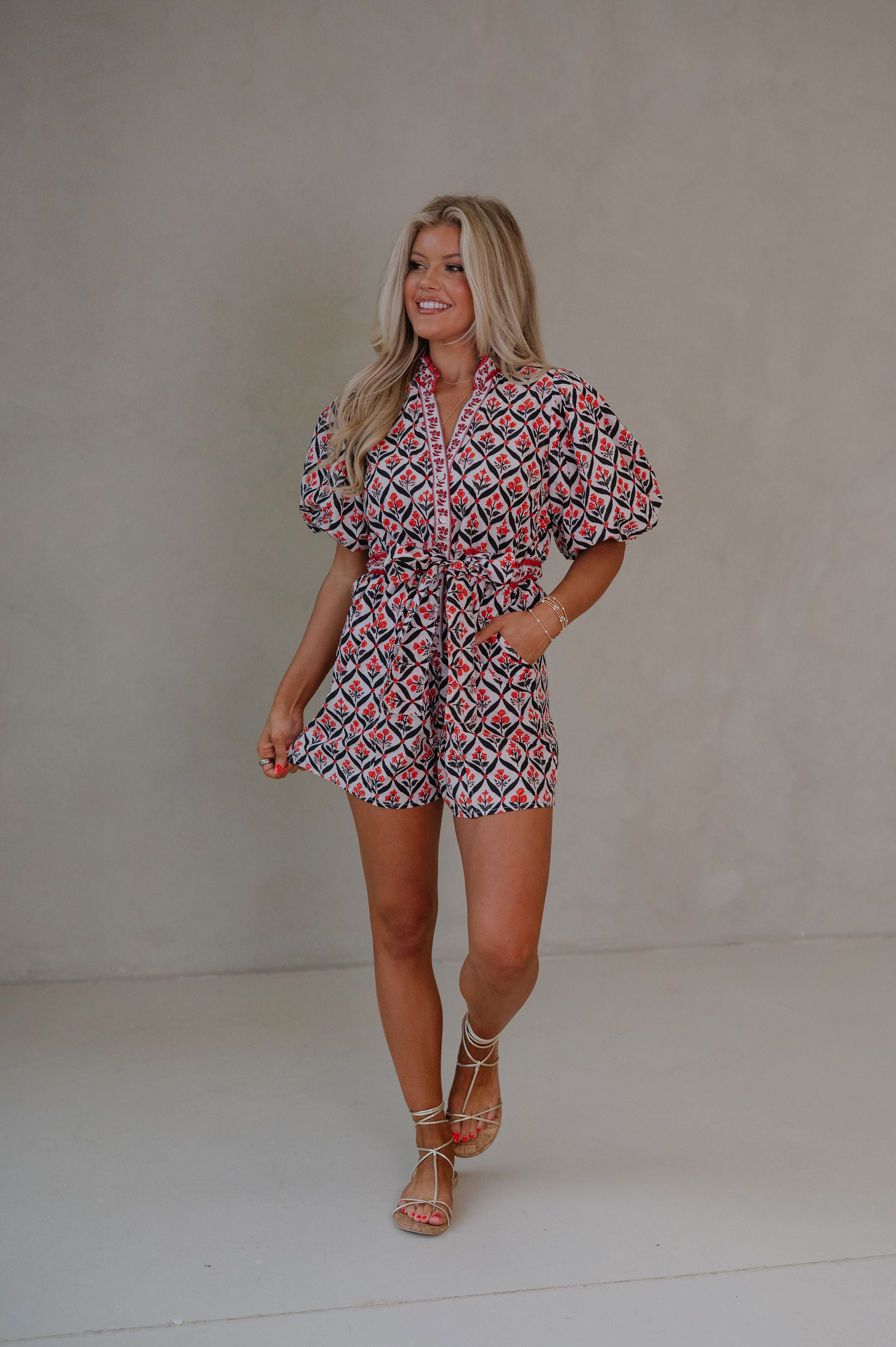 Ruffle Puff Sleeve Romper-Red