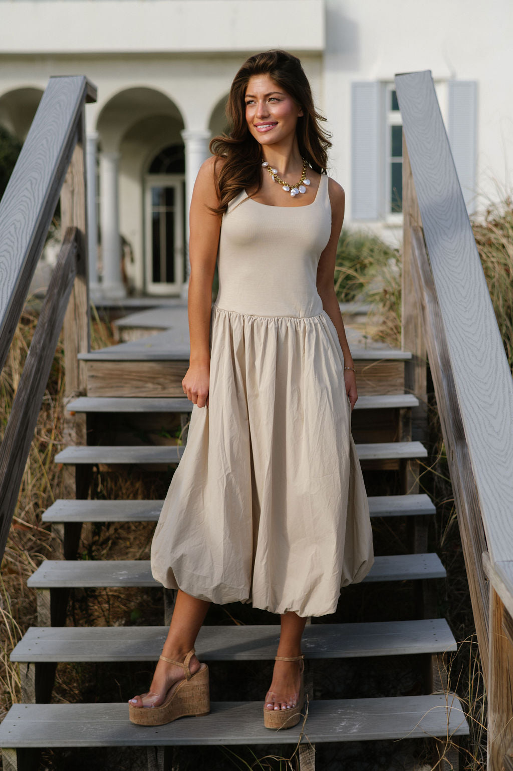 Balloon Hem Midi Dress-Light Taupe