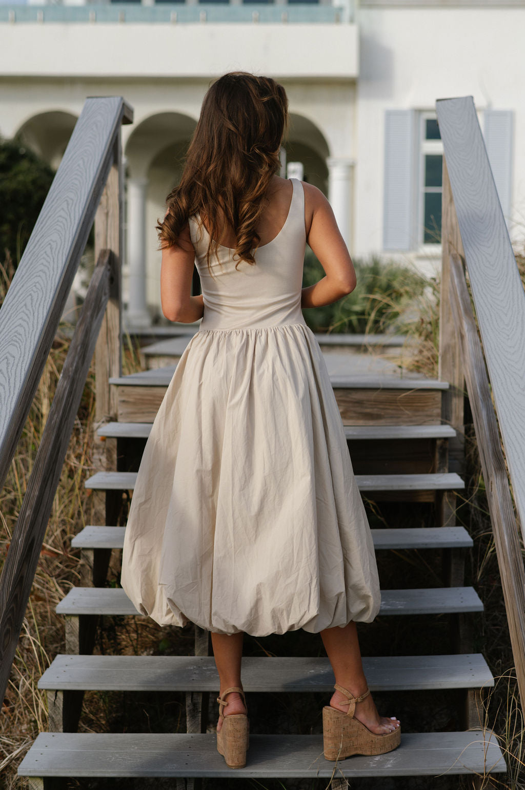 Balloon Hem Midi Dress-Light Taupe