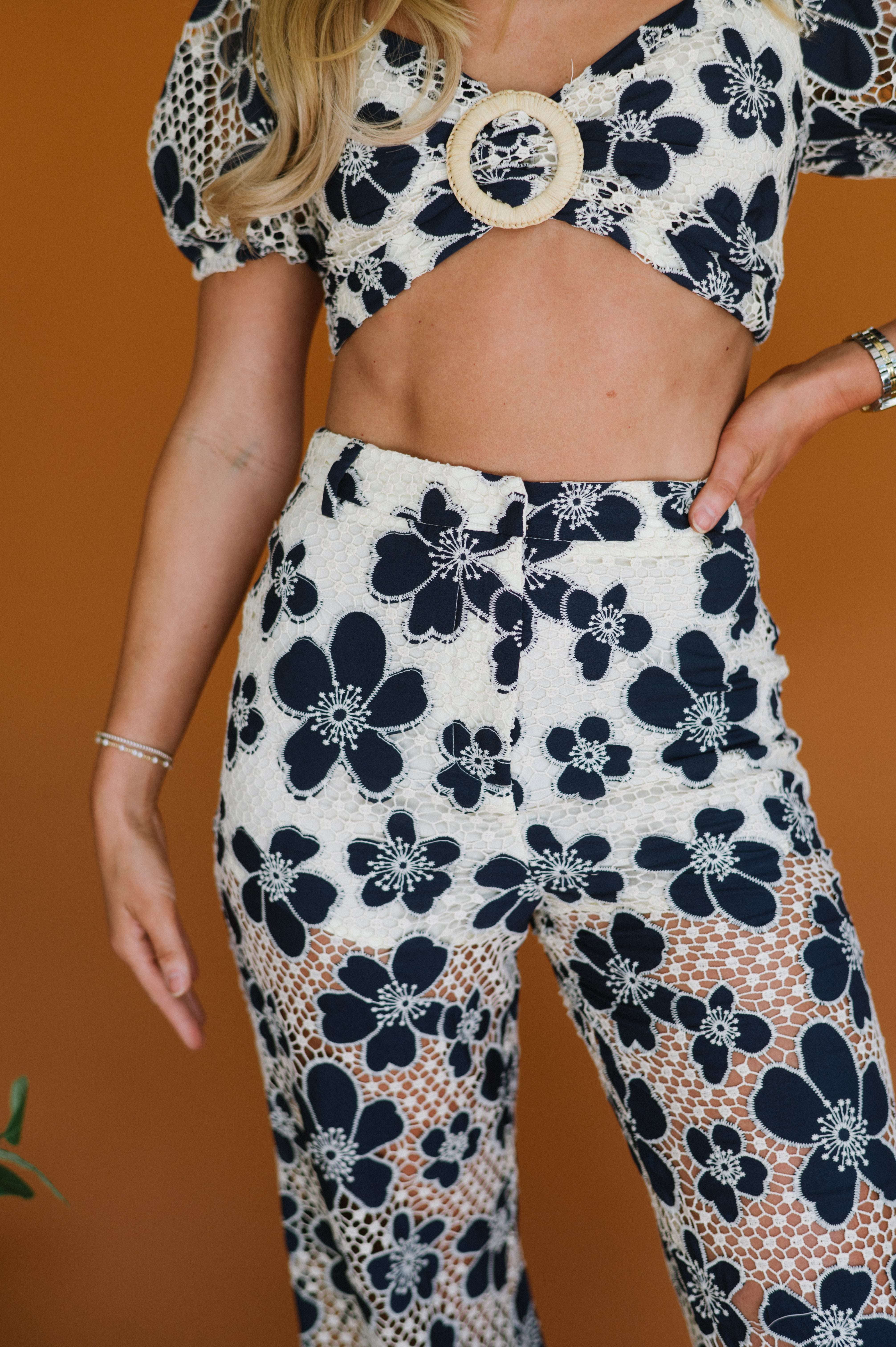 Flower Eyelet Pants Set- Navy