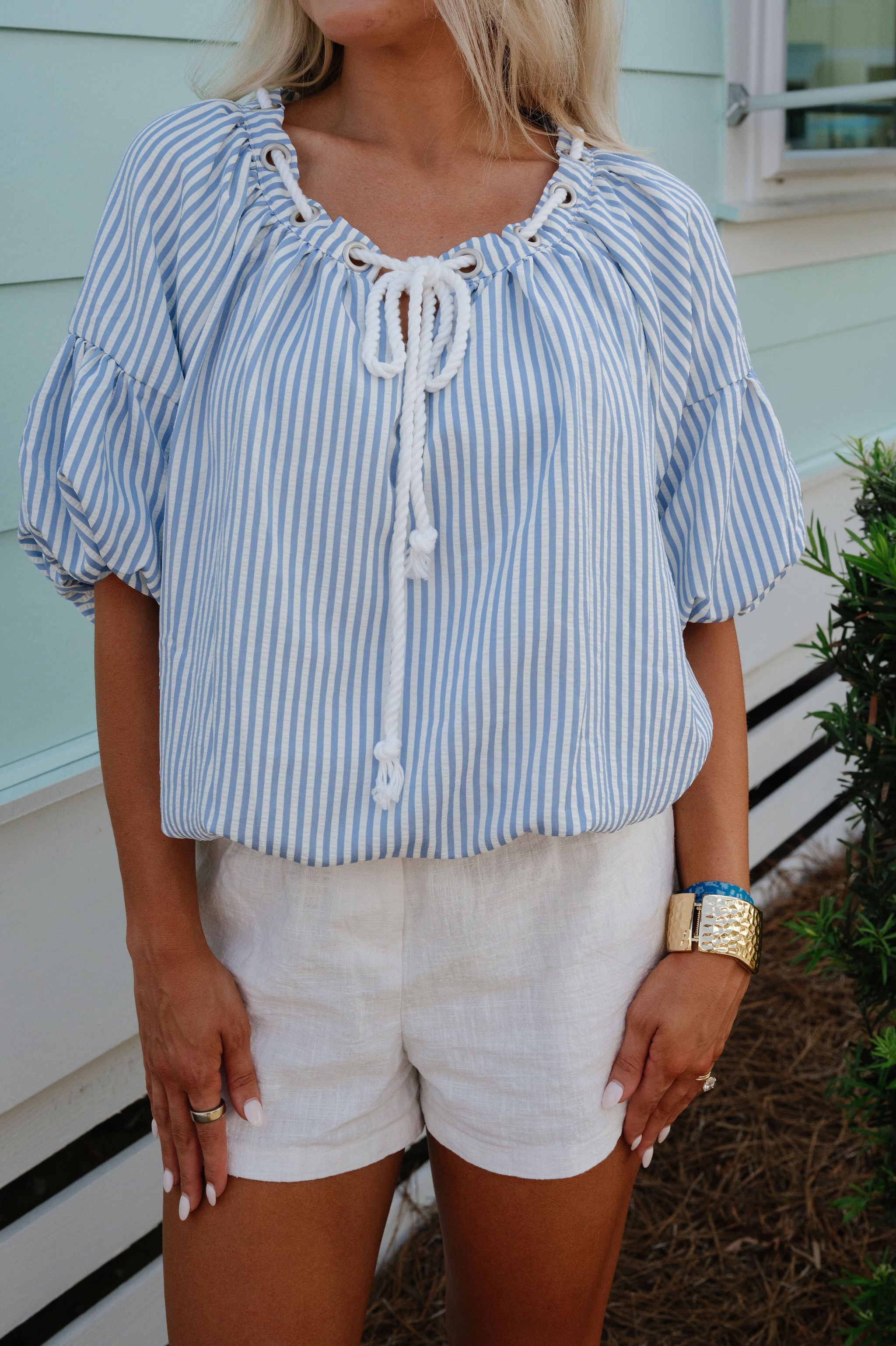 Marla Bubble Sleeve Top-Sky Blue