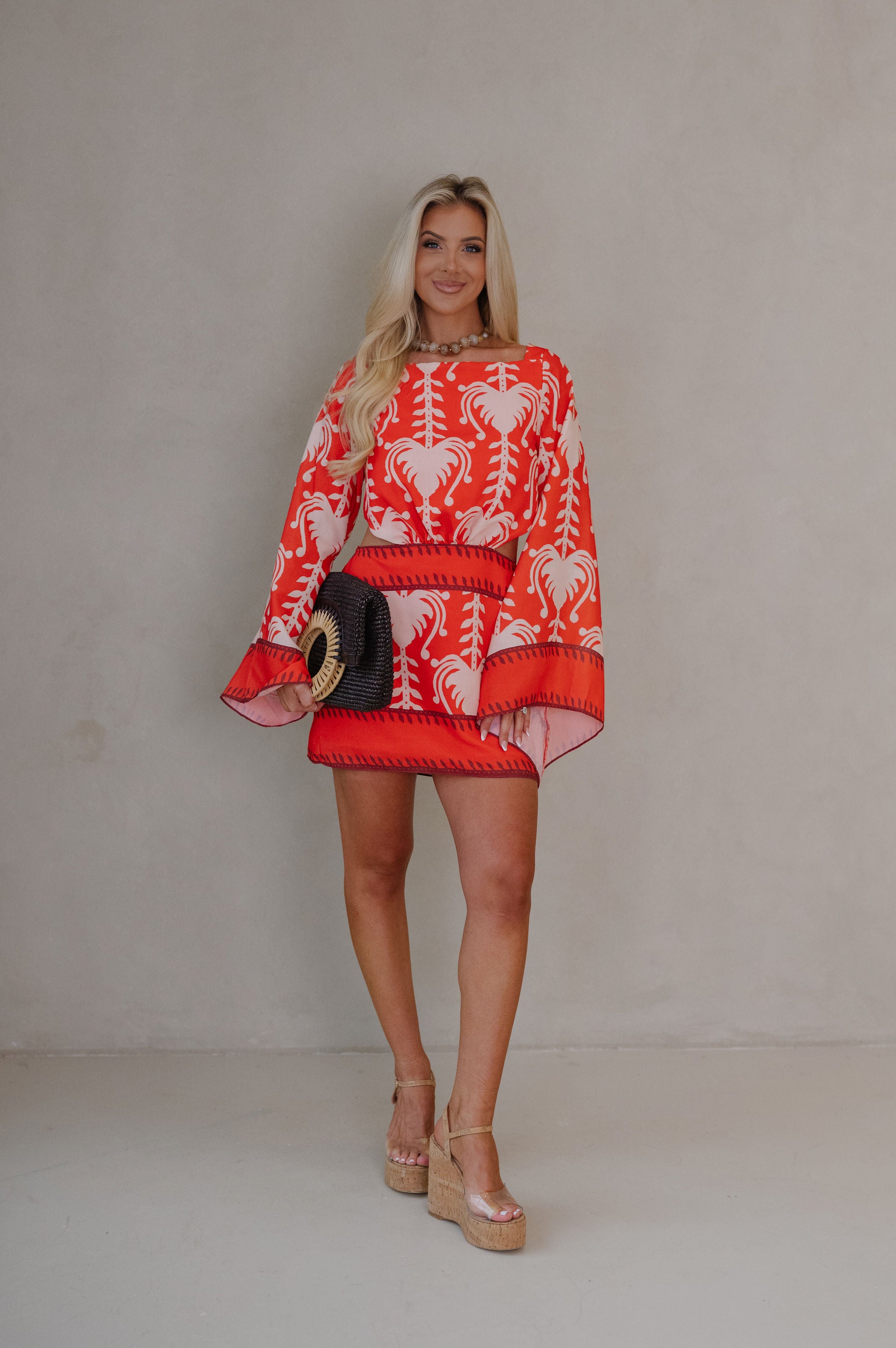 Palm Dolman Sleeve Mini Dress-Orange Red