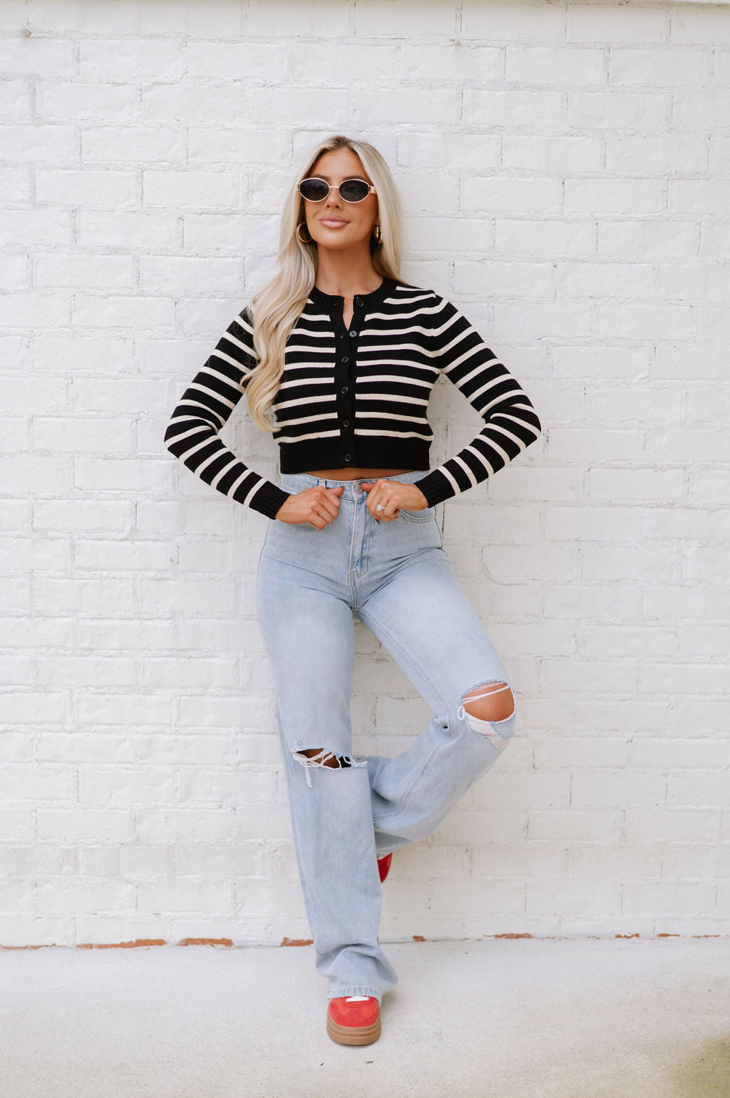 Vicki Striped Cardigan Sweater-Black/Cream