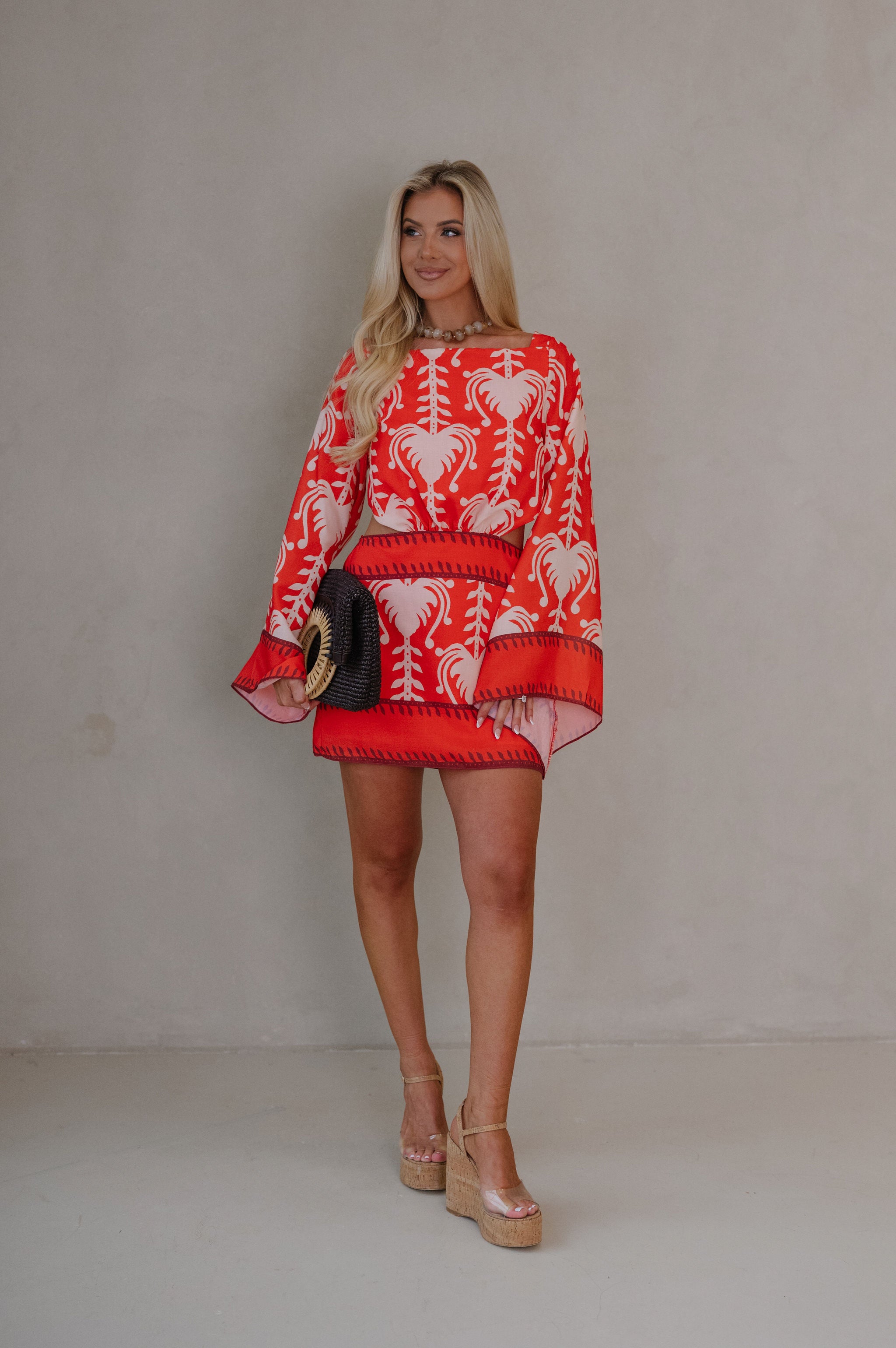 Palm Dolman Sleeve Mini Dress-Orange Red