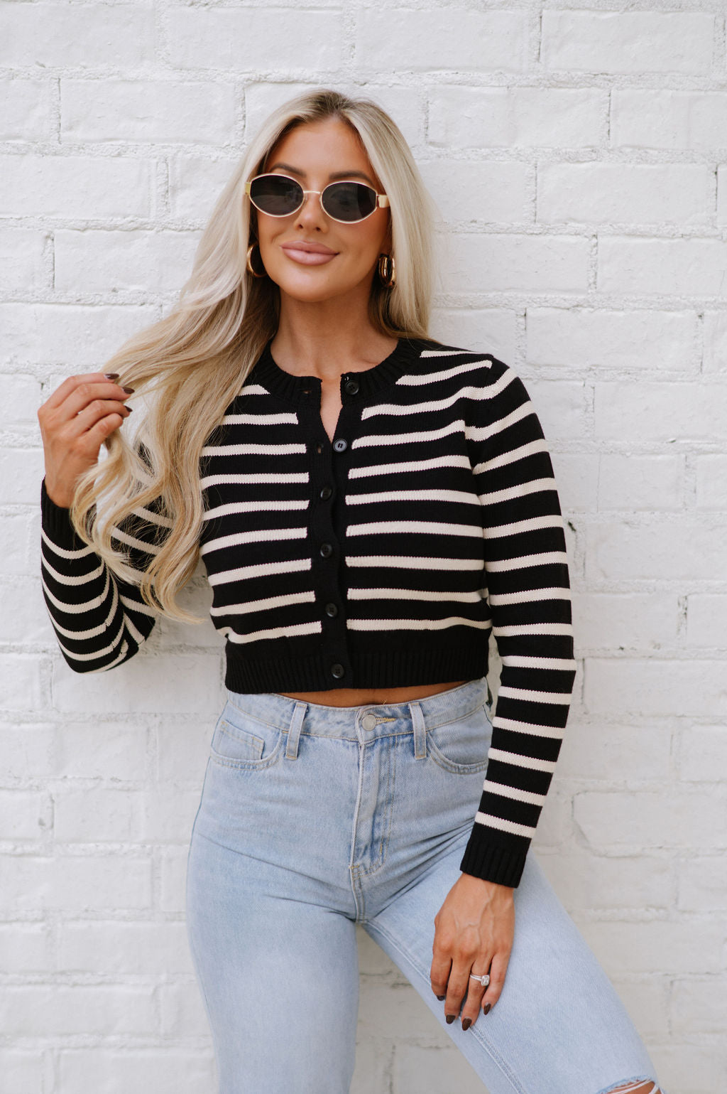 Vicki Striped Cardigan Sweater-Black/Cream