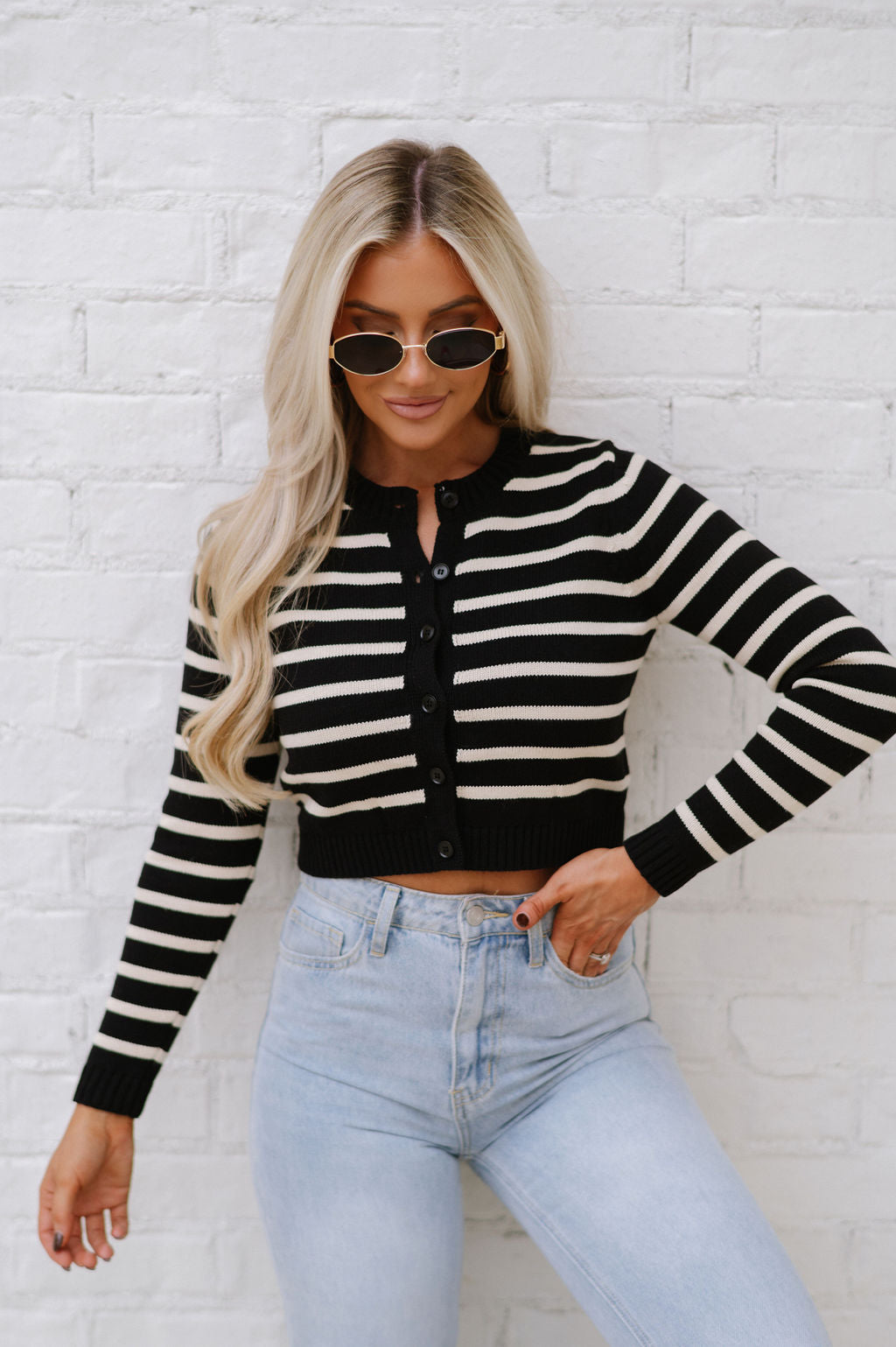 Vicki Striped Cardigan Sweater-Black/Cream