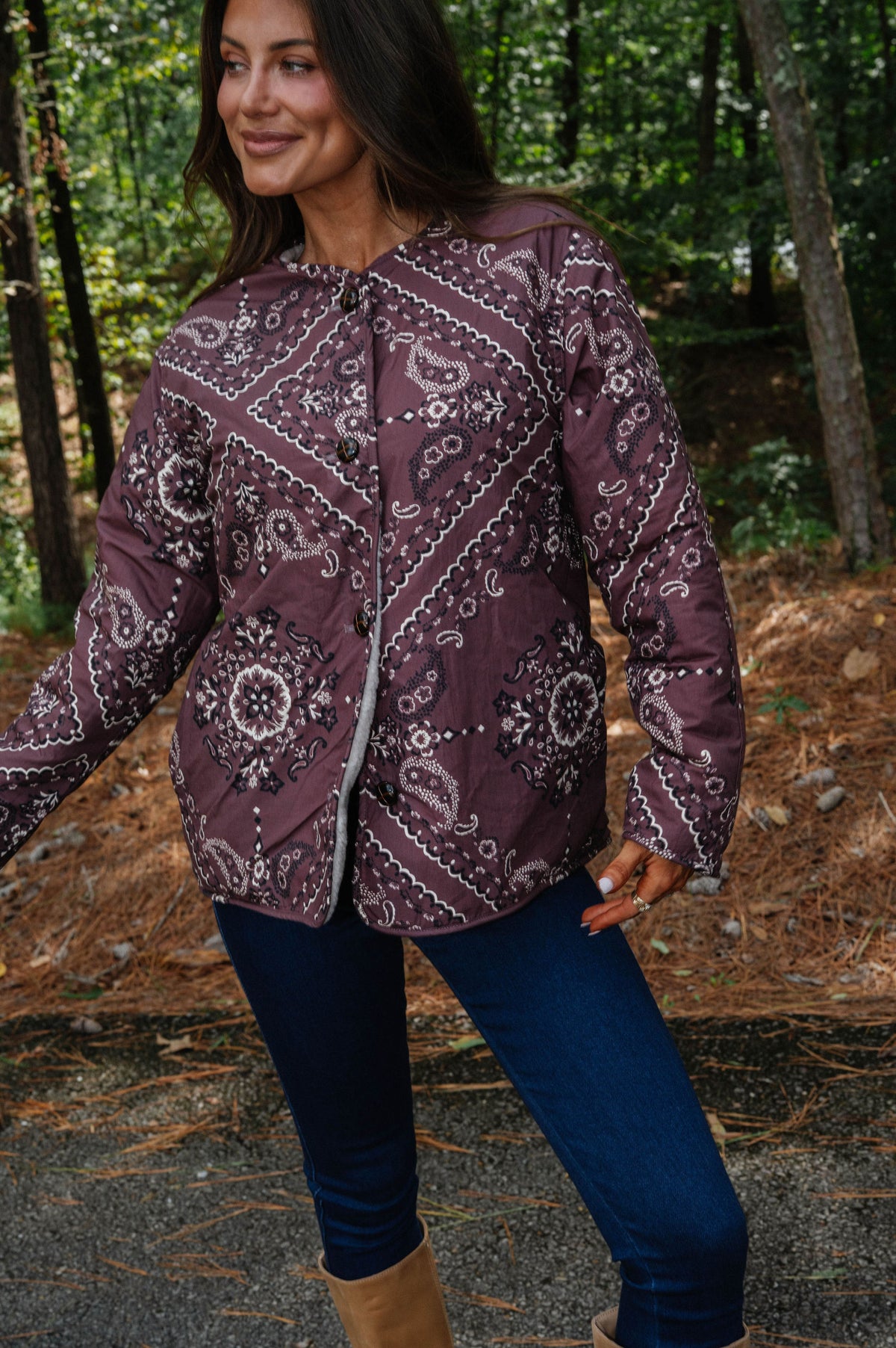 Reversible Sherpa Paisley Jacket-Natural/Brown