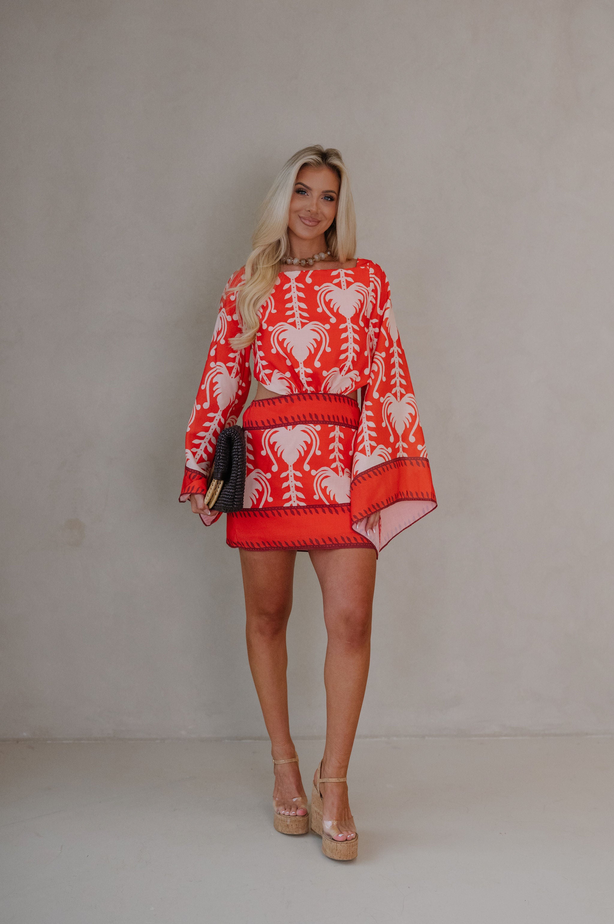 Palm Dolman Sleeve Mini Dress-Orange Red