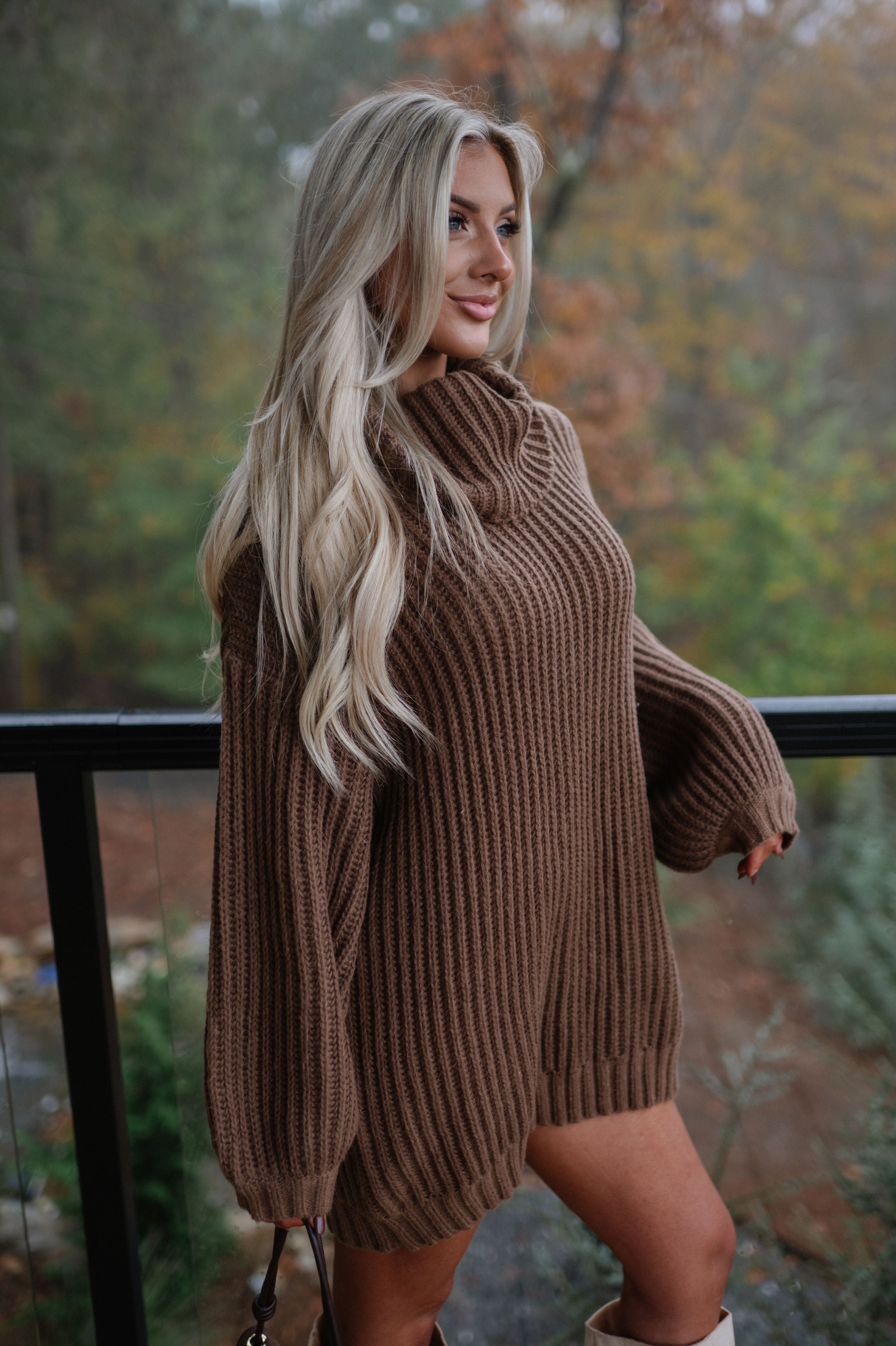 Rib Knit Turtle Neck Oversized Sweater-Cocoa