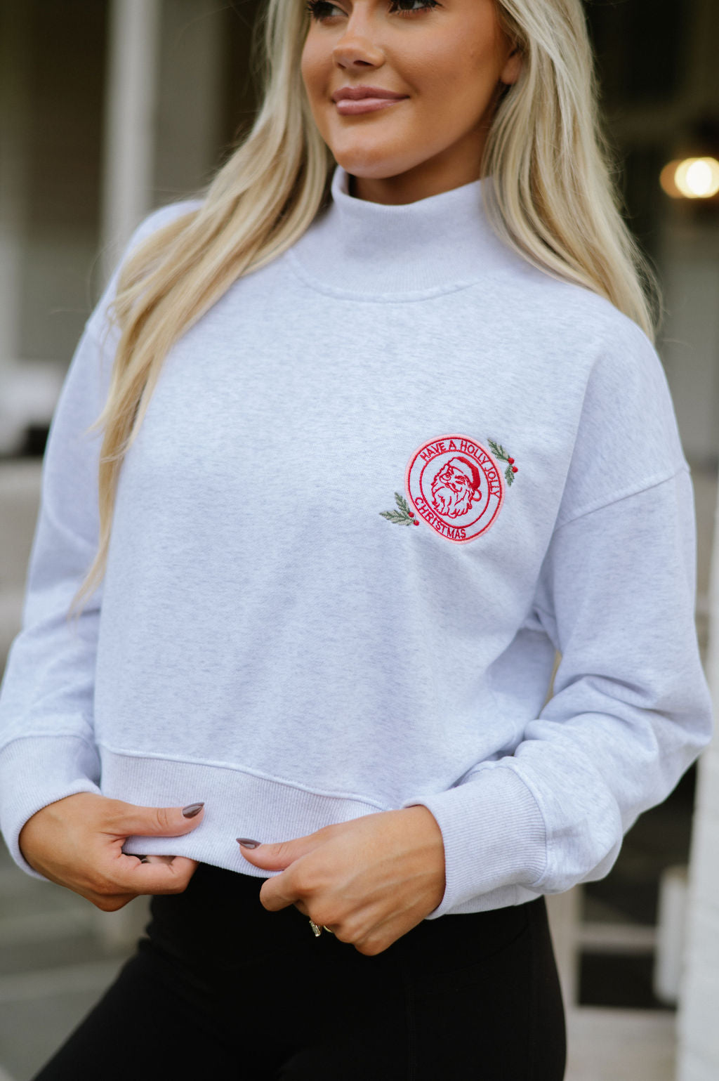 Holly Jolly Mock Neck Sweatshirt-Grey