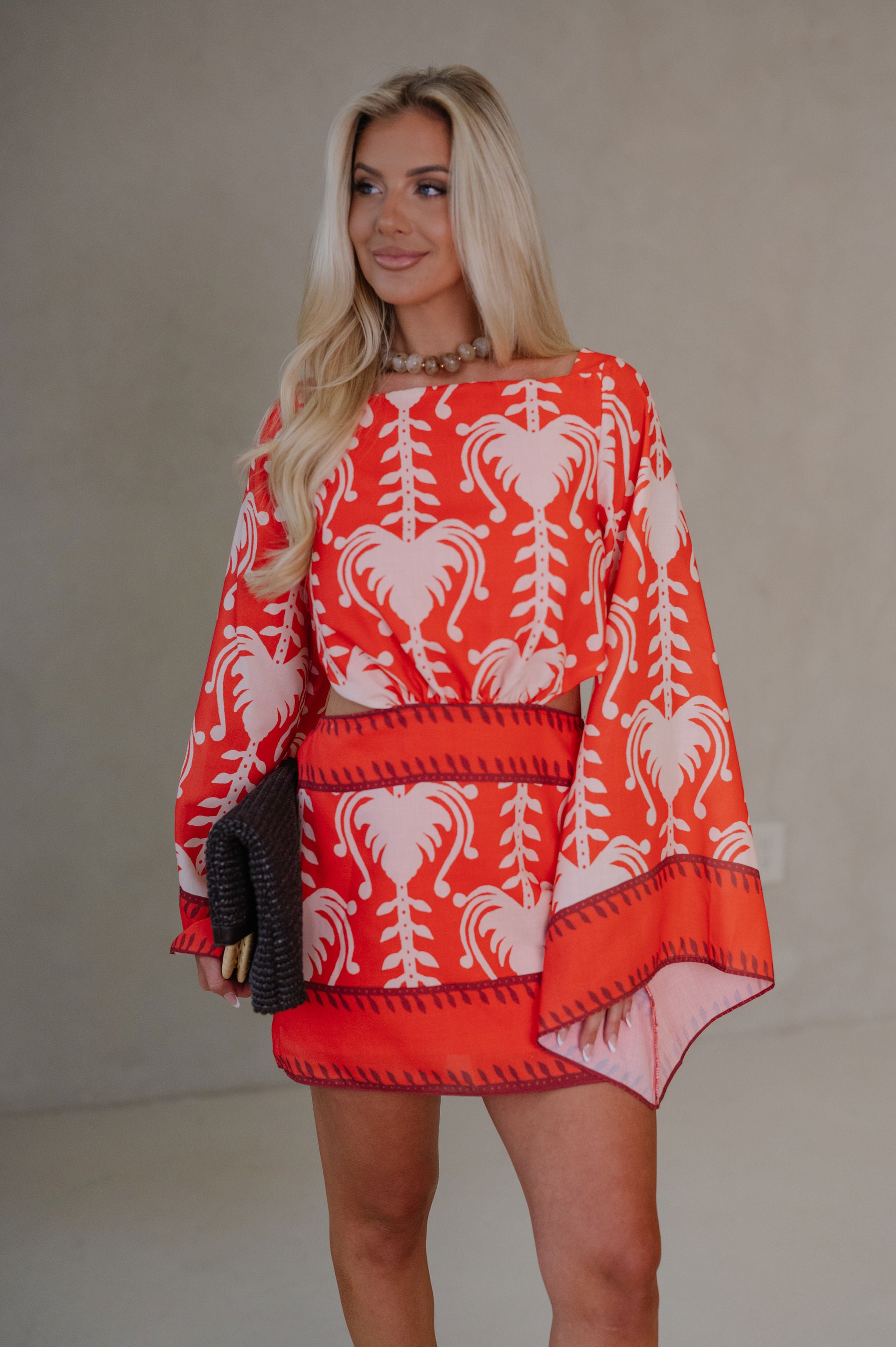 Palm Dolman Sleeve Mini Dress-Orange Red