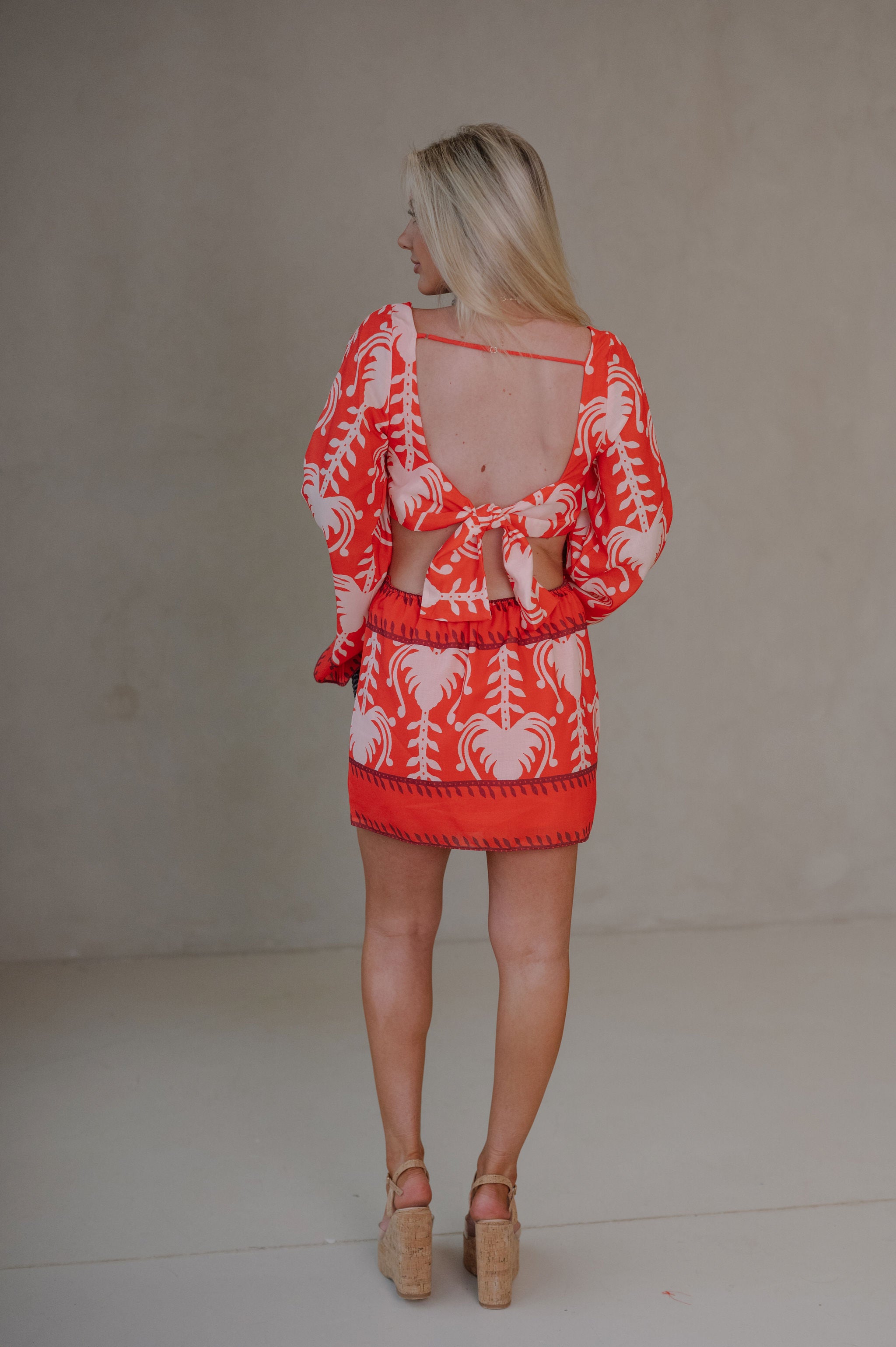 Palm Dolman Sleeve Mini Dress-Orange Red