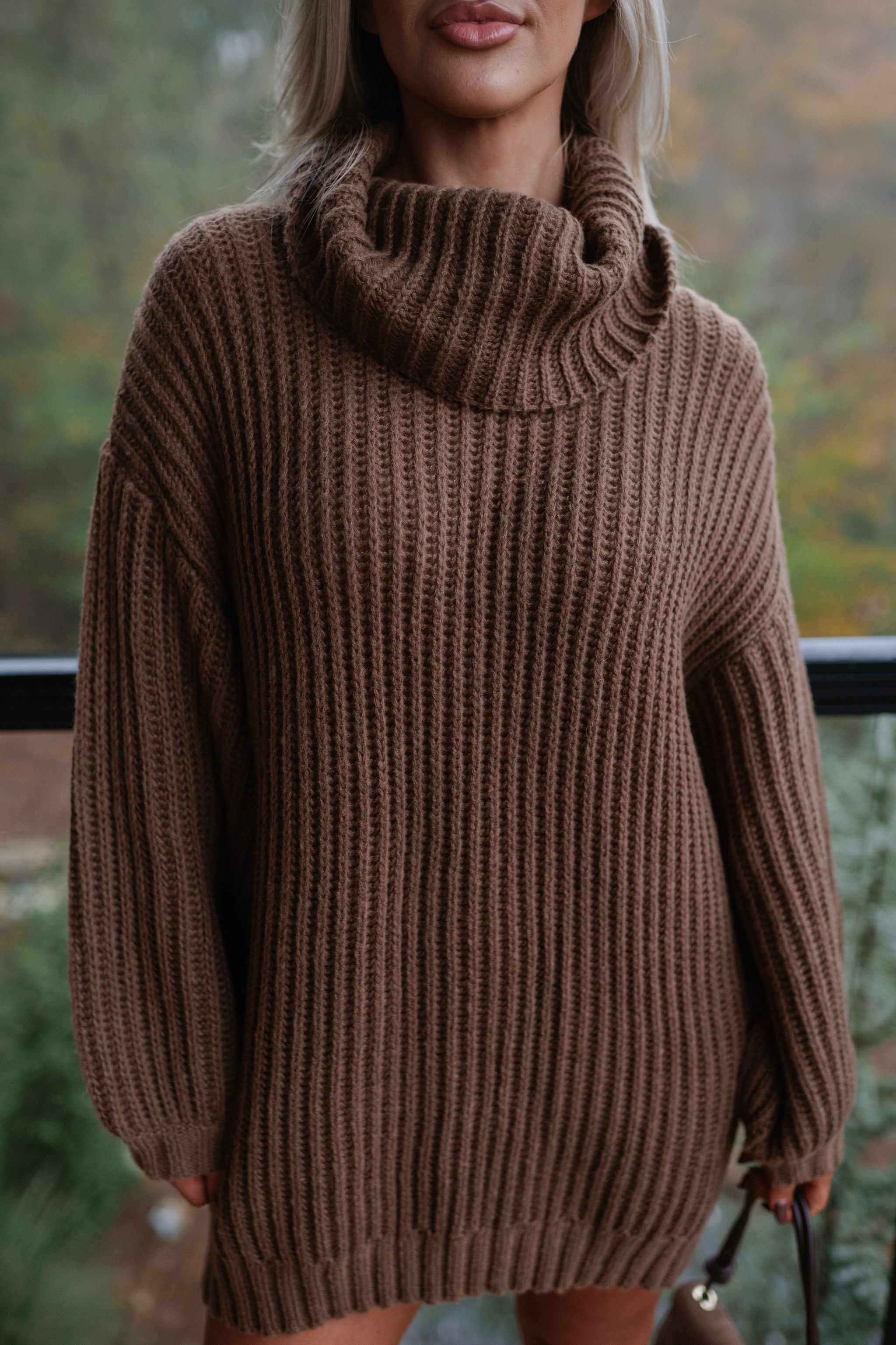 Rib Knit Turtle Neck Oversized Sweater-Cocoa