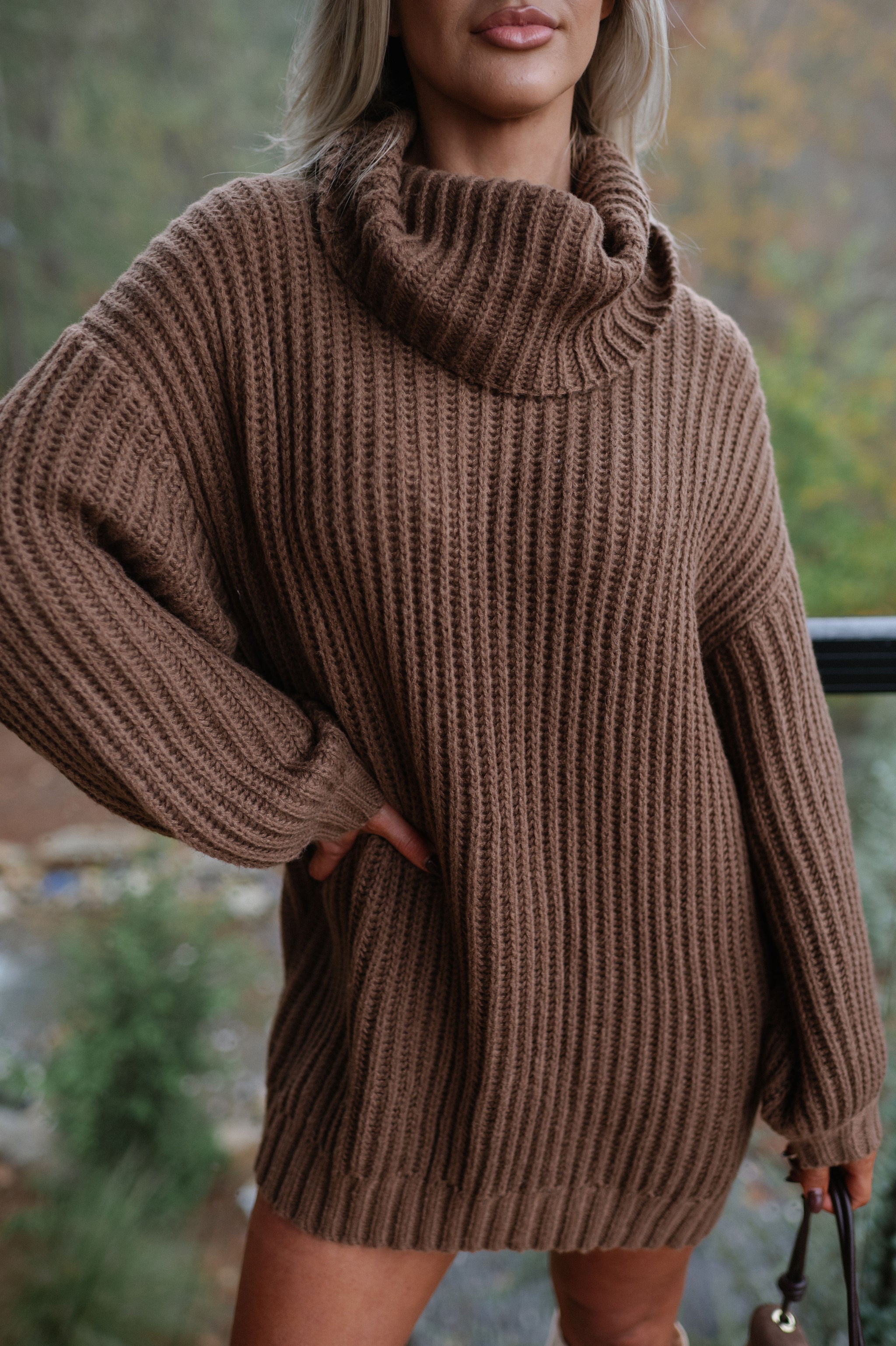 Rib Knit Turtle Neck Oversized Sweater-Cocoa