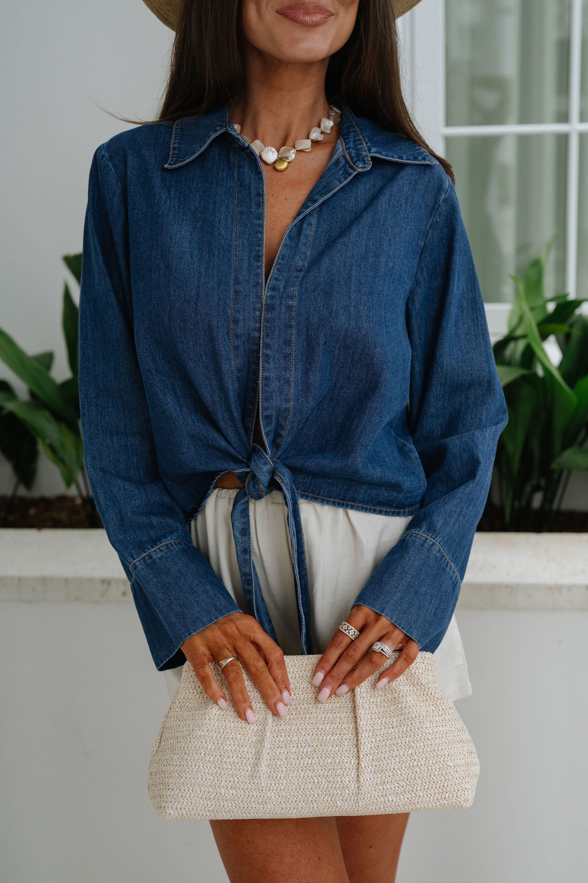 Front Tie Denim Top-Dark Indigo