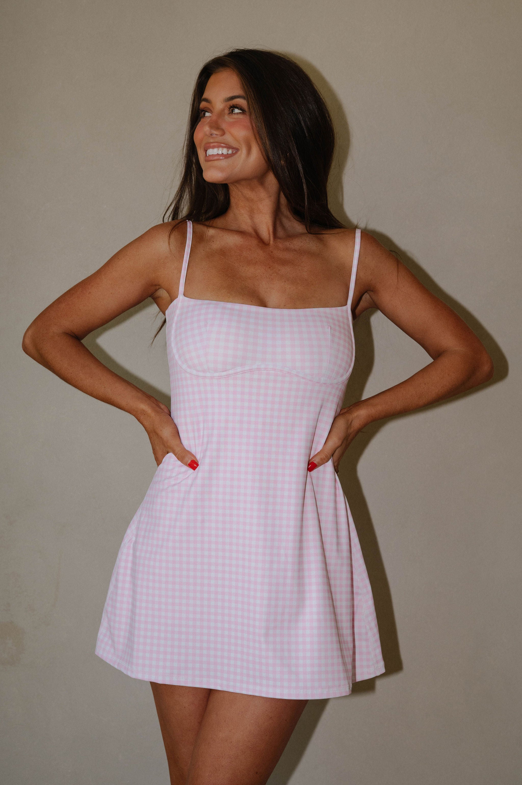 Gingham Active Dress-Pink