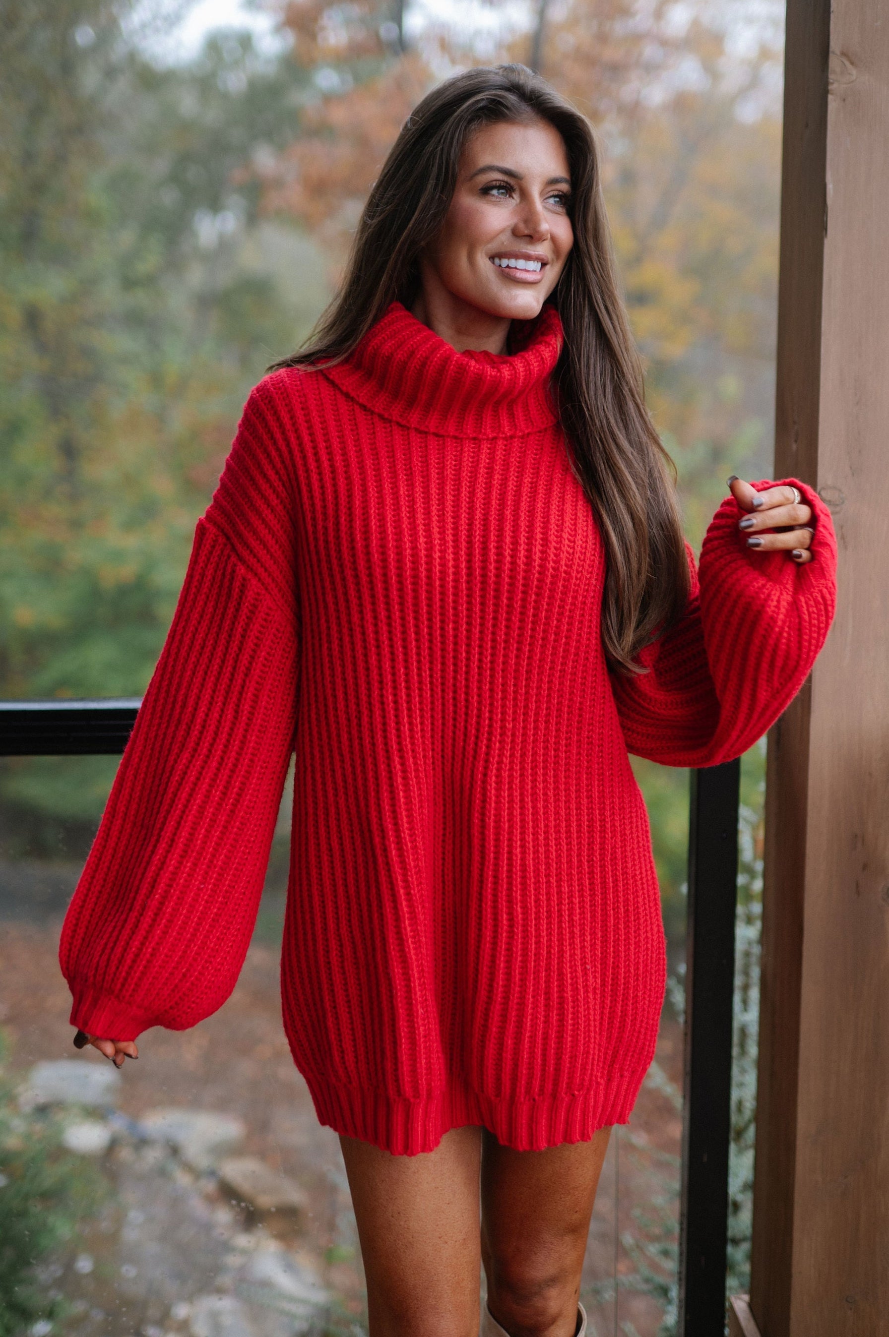 Rib Knit Turtle Neck Oversized Sweater-Ruby Red