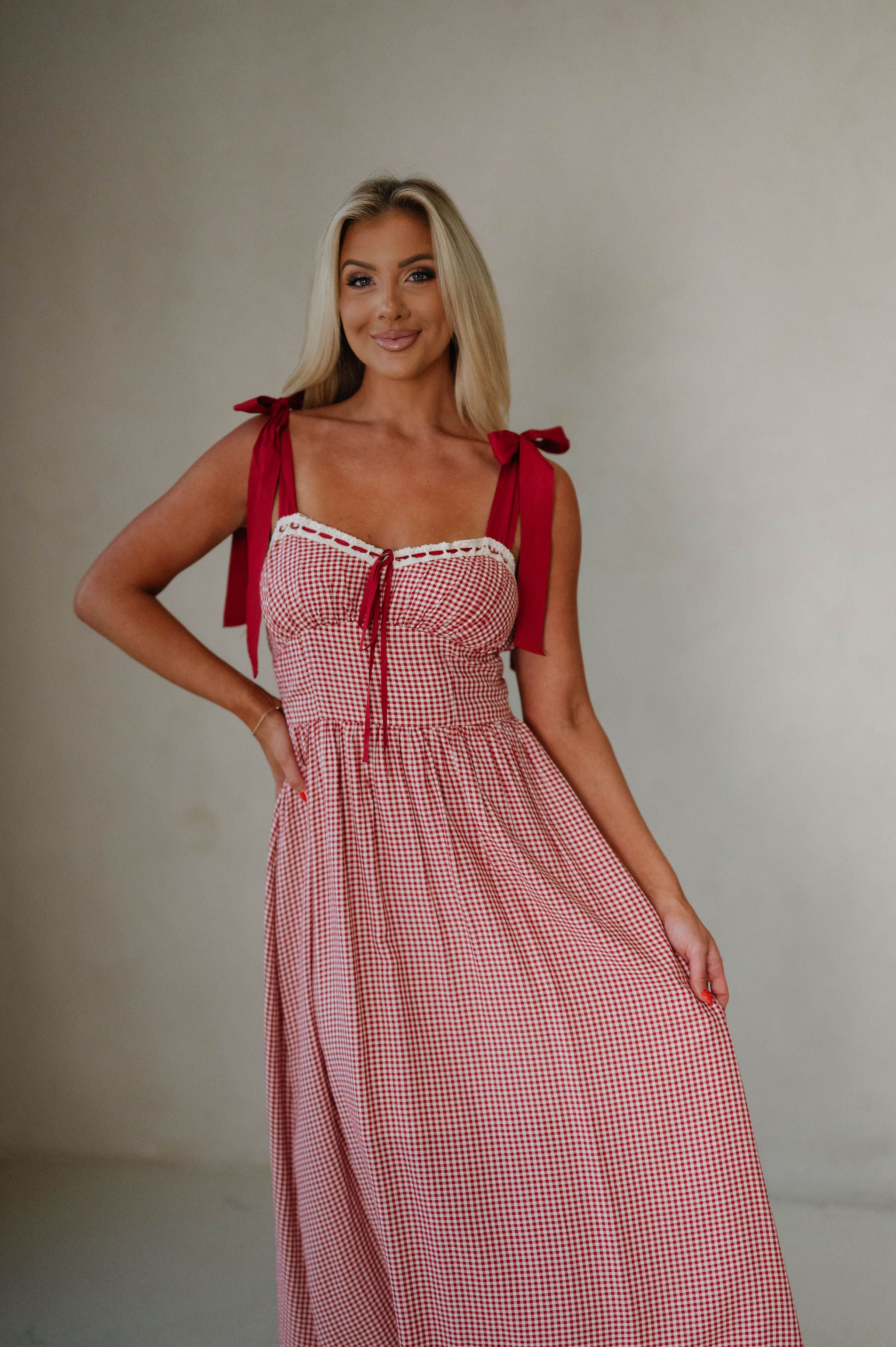 Gingham Ribbon Midi Dress-Red