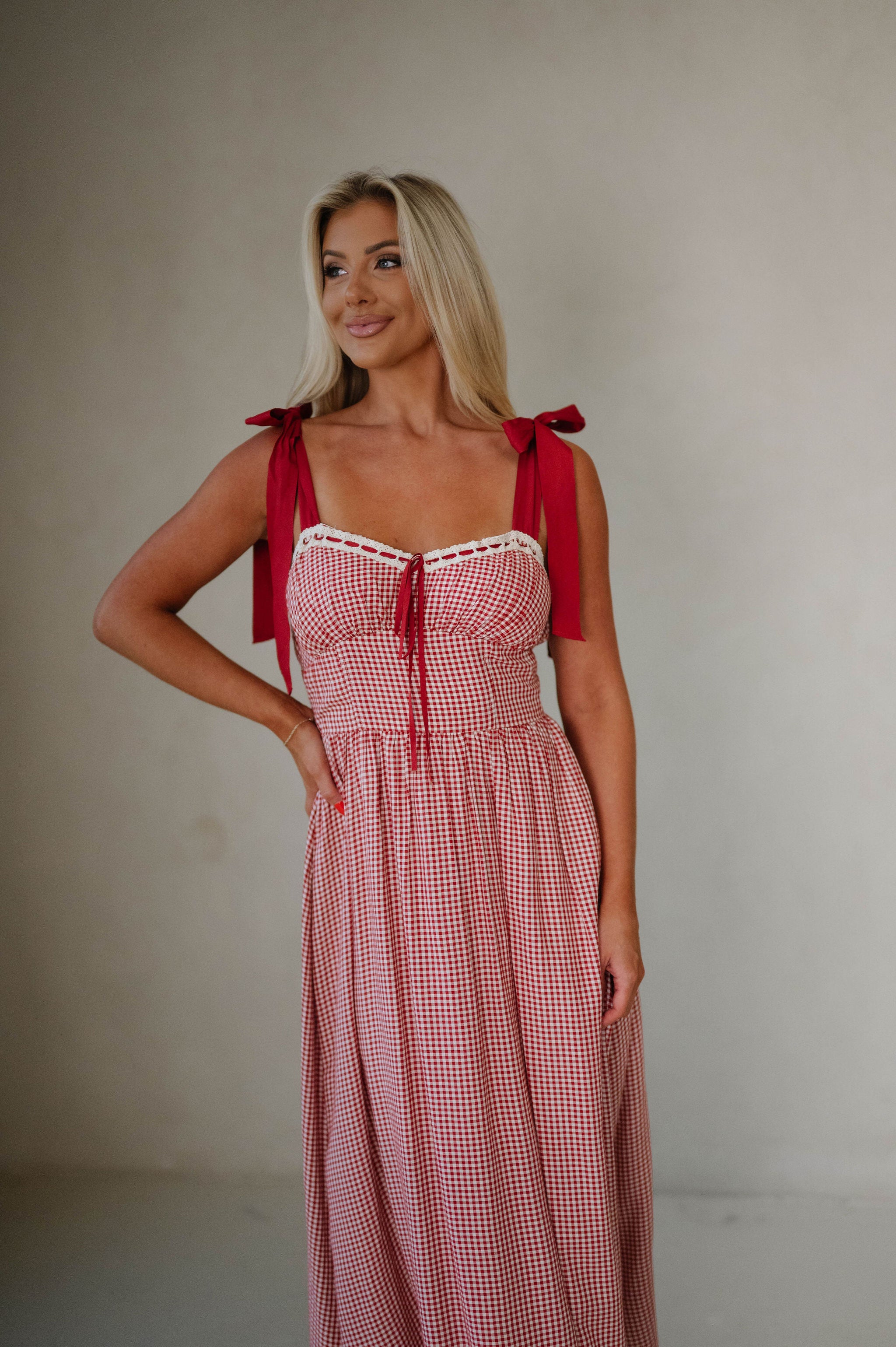 Gingham Ribbon Midi Dress-Red