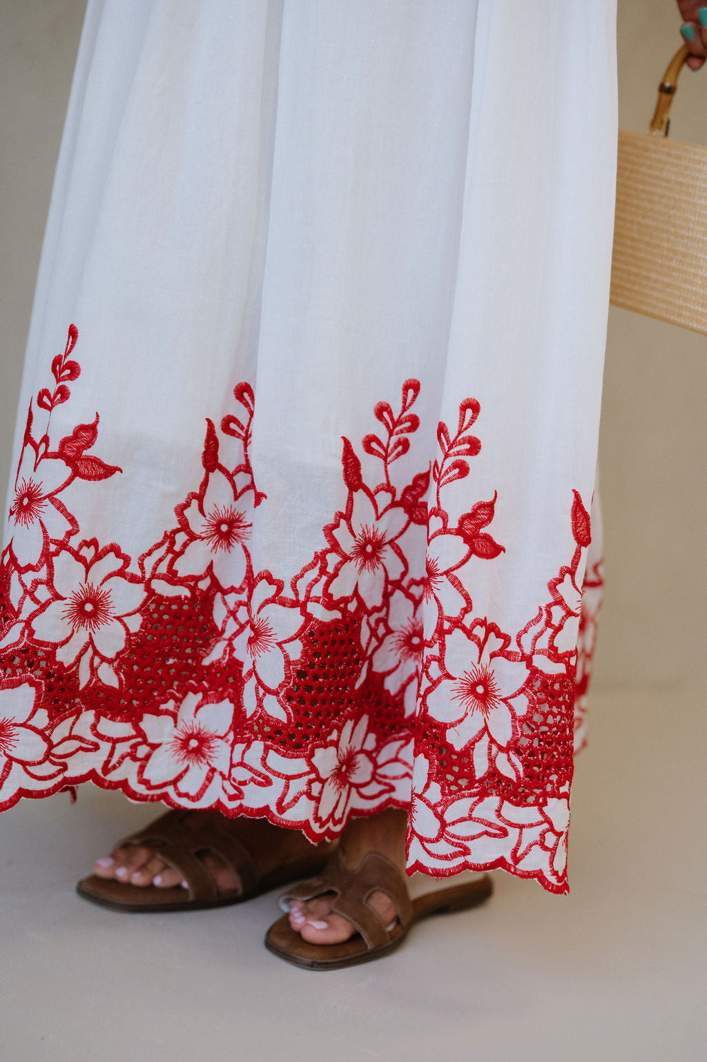 Embroidered Smocked Maxi Dress-Red