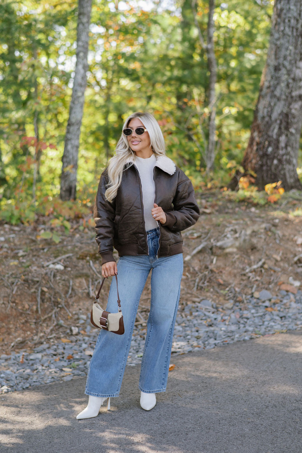 Washed Shearling Bomber Jacket-Brown