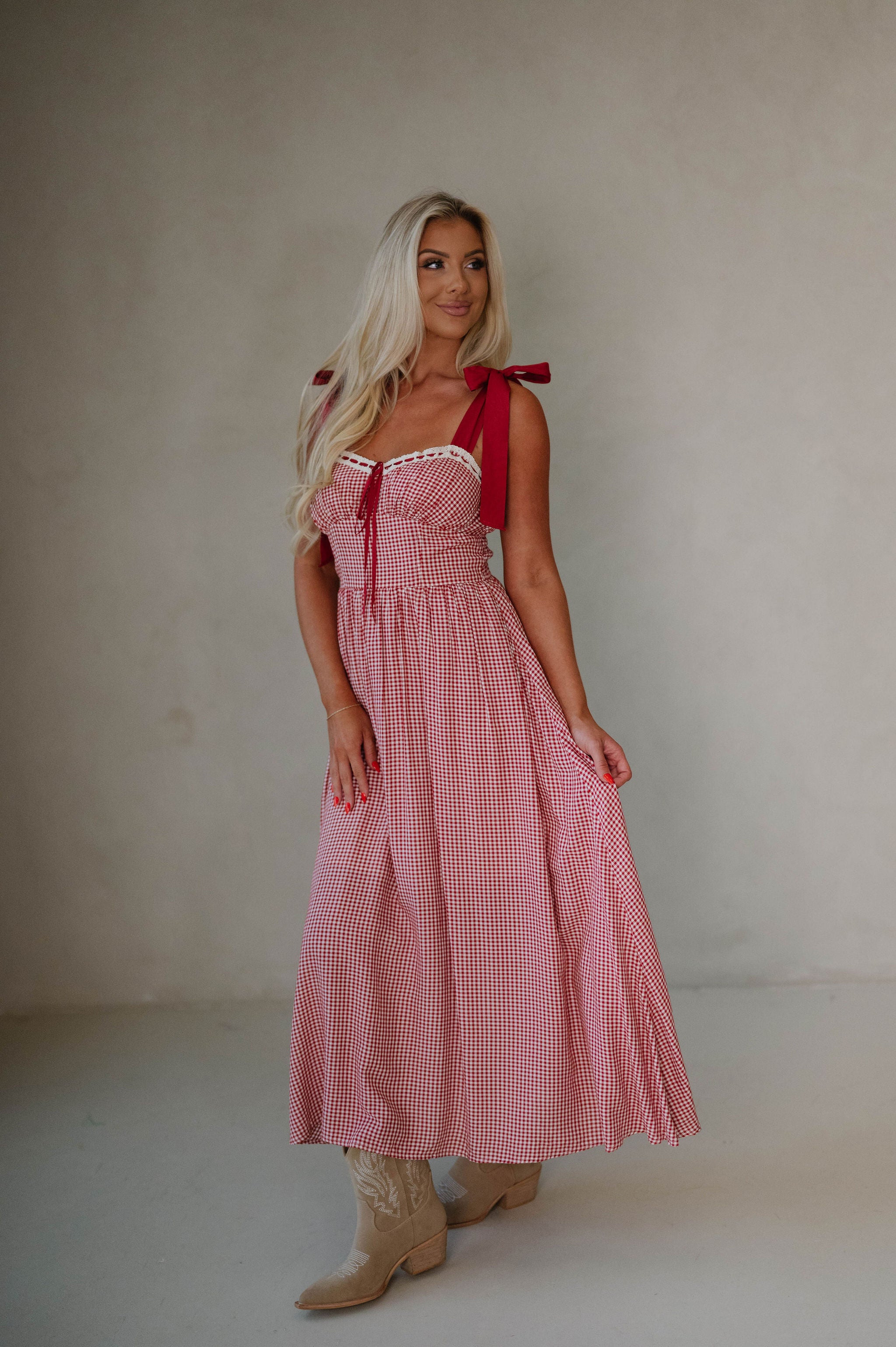 Gingham Ribbon Midi Dress-Red