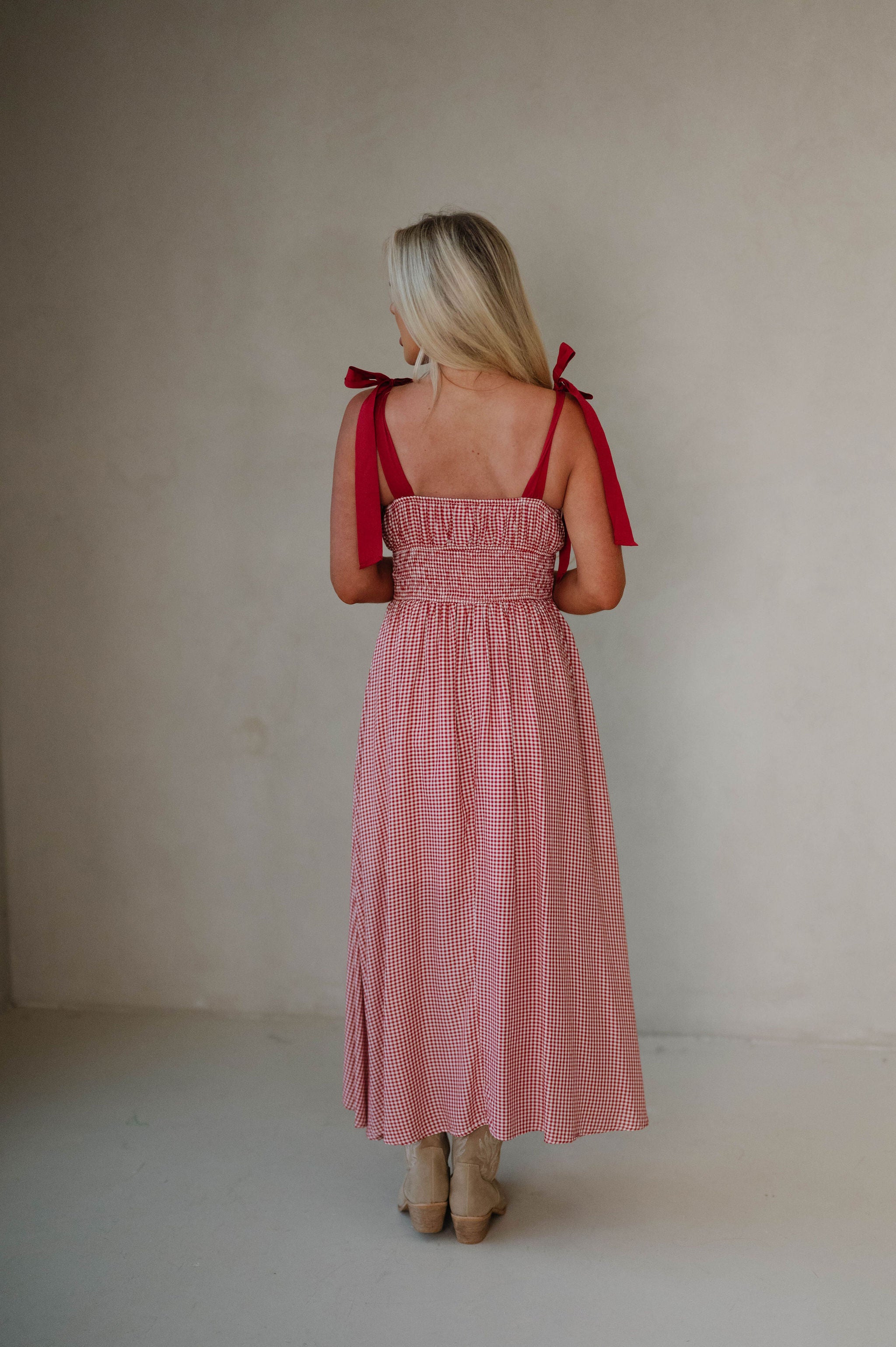 Gingham Ribbon Midi Dress-Red