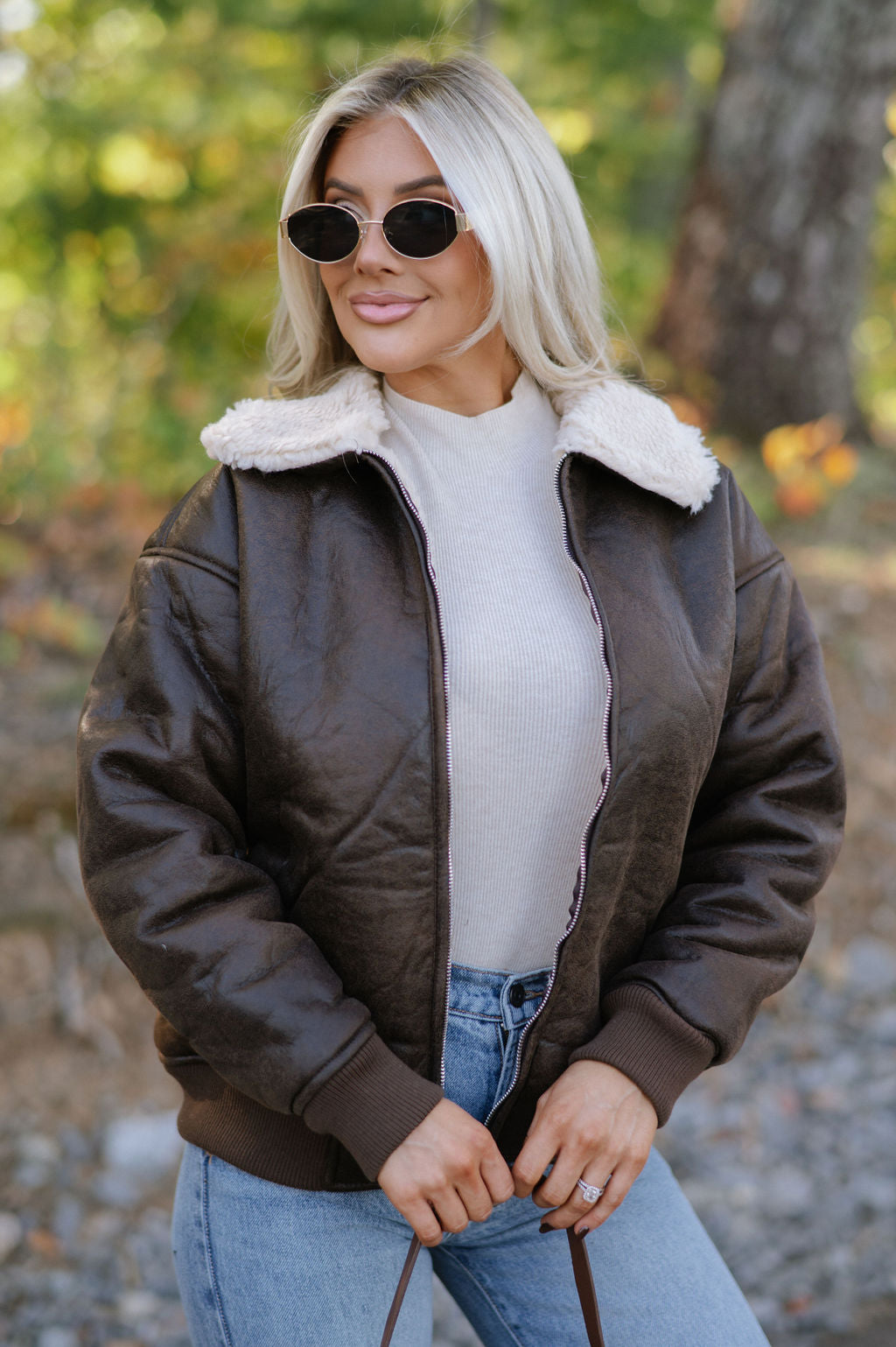 Washed Shearling Bomber Jacket-Brown