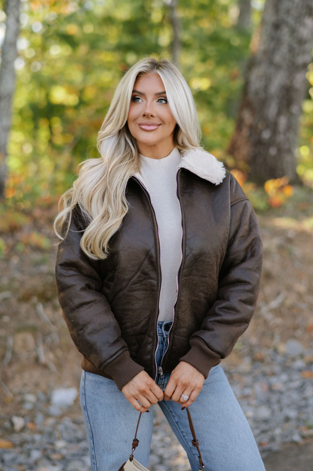 Washed Shearling Bomber Jacket-Brown