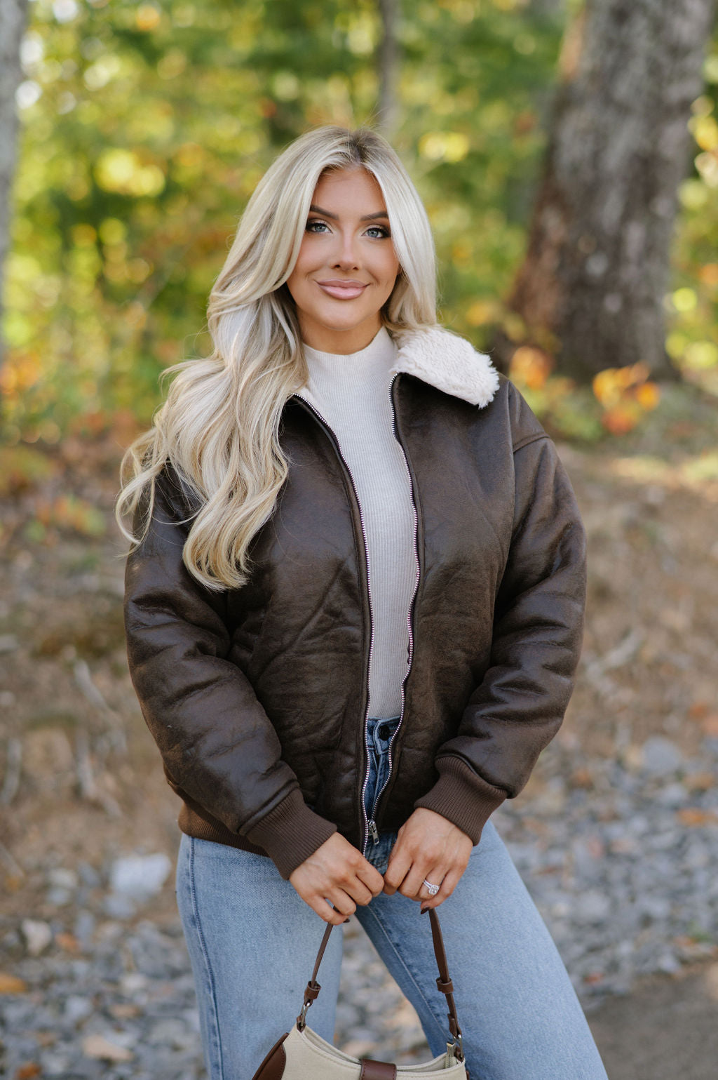 Washed Shearling Bomber Jacket-Brown