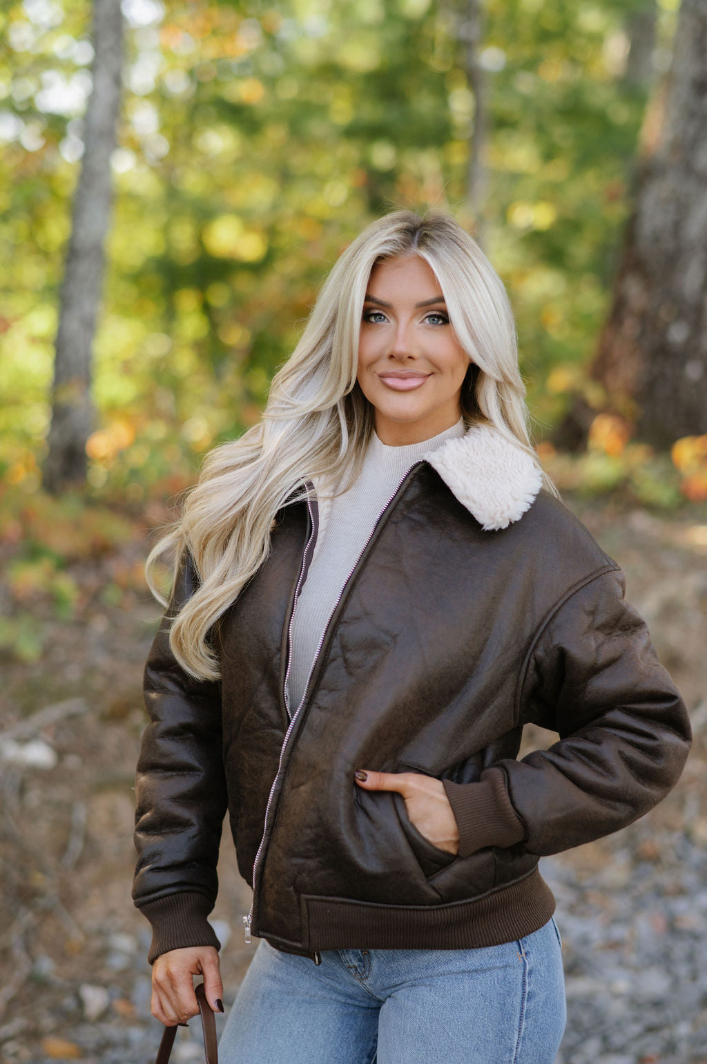 Washed Shearling Bomber Jacket-Brown