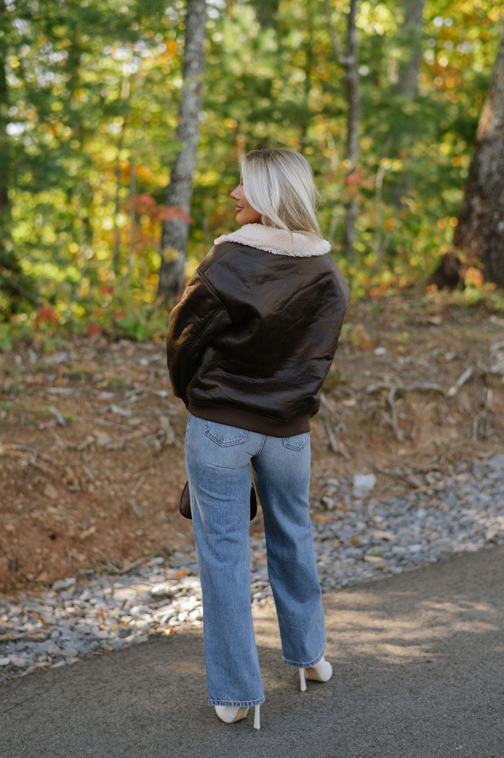 Washed Shearling Bomber Jacket-Brown