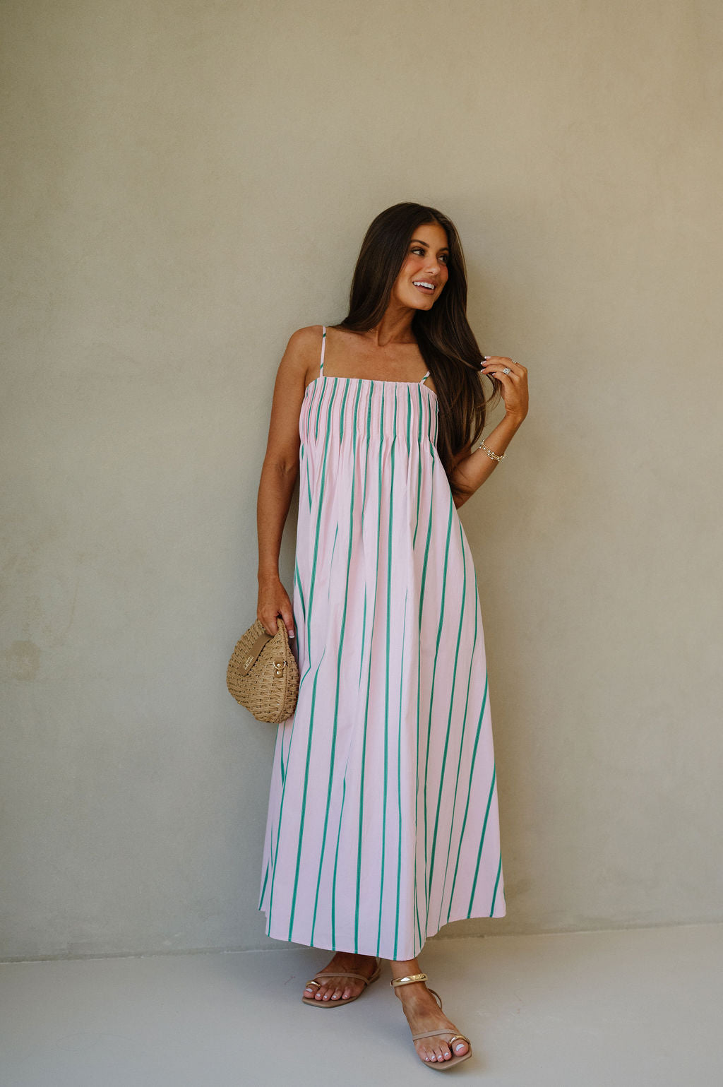 Pleated Strappy Maxi Dress-Pink/Green