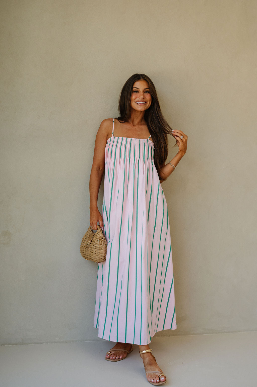Pleated Strappy Maxi Dress-Pink/Green