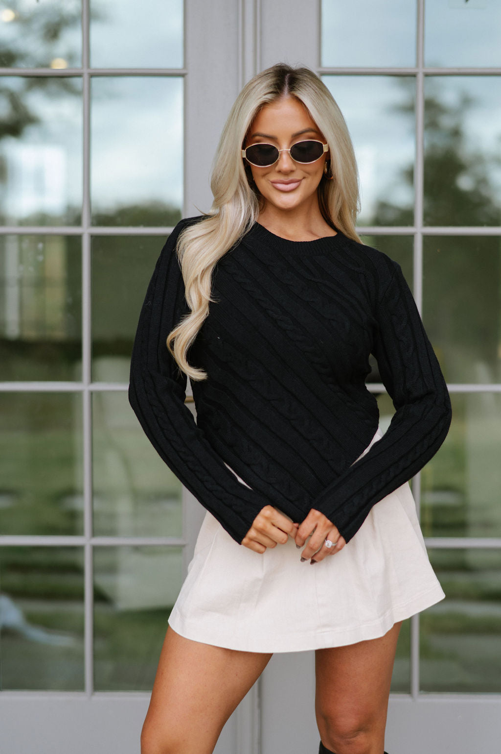 Long Sleeve Cable Knit Sweater- Black