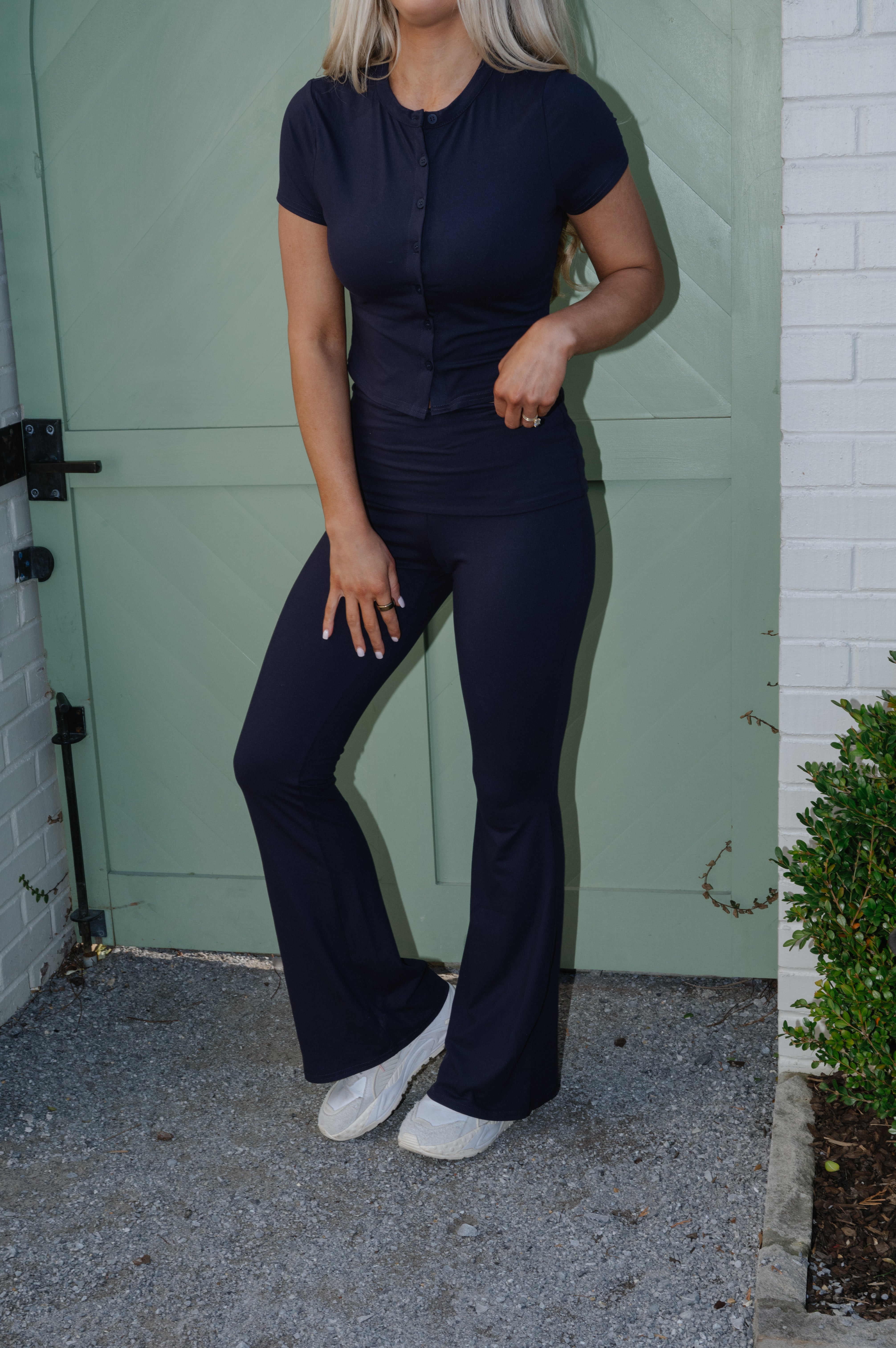 Jersey High Waist Flared Pants Set-Navy