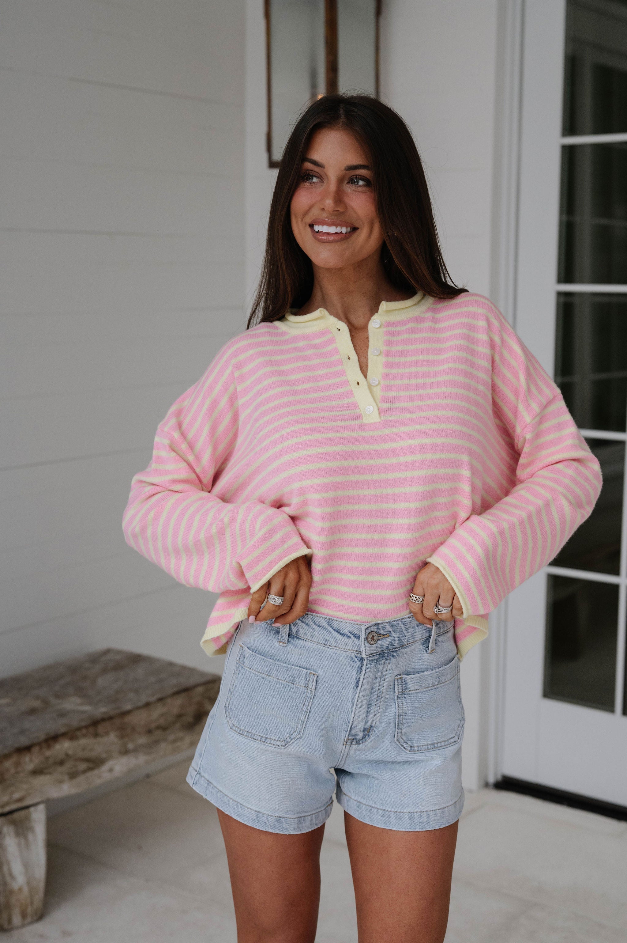Liz Striped Henley Sweater-Pink/Yellow