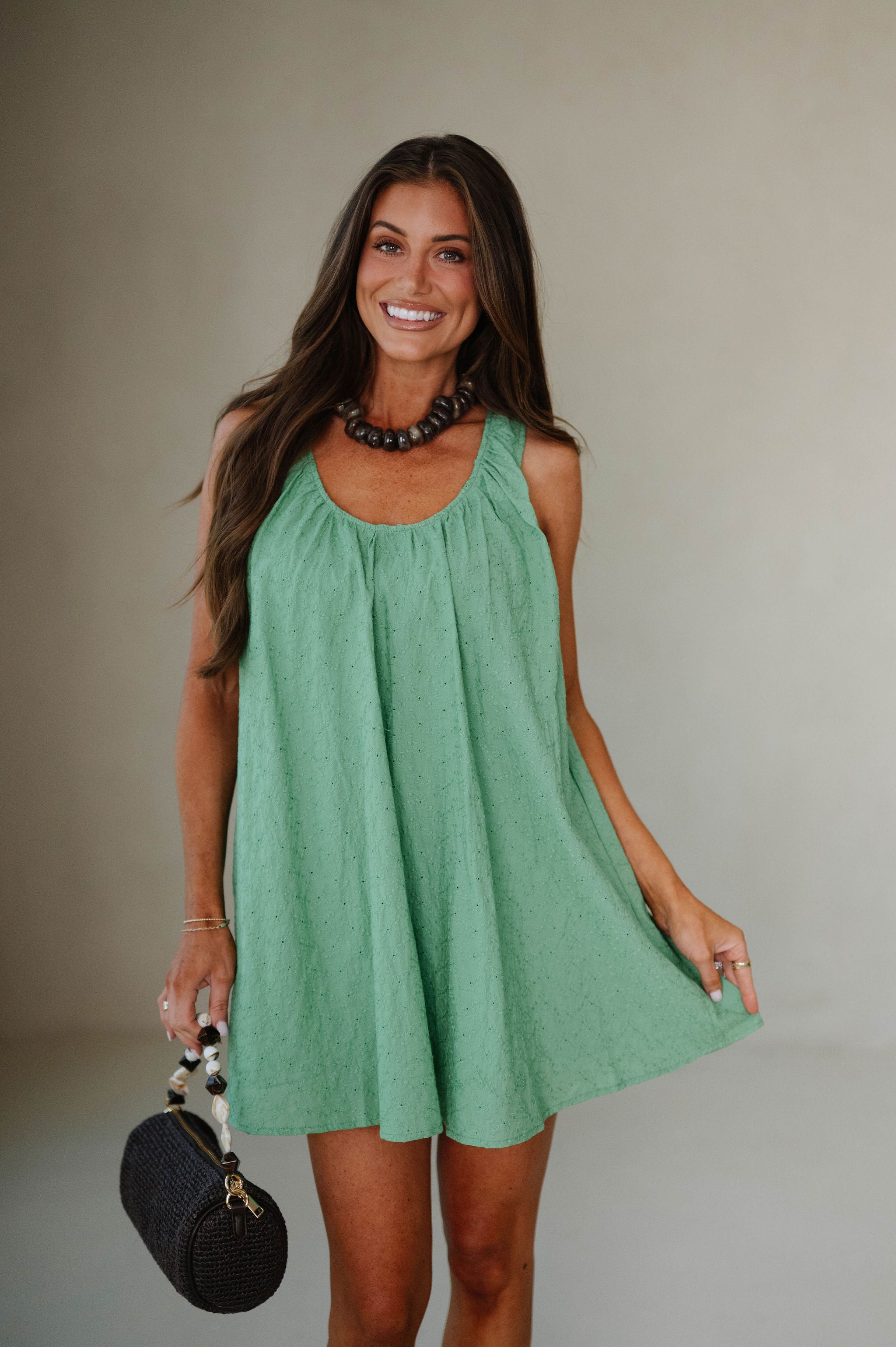 Emily Eyelet Mini Dress-Apple Green