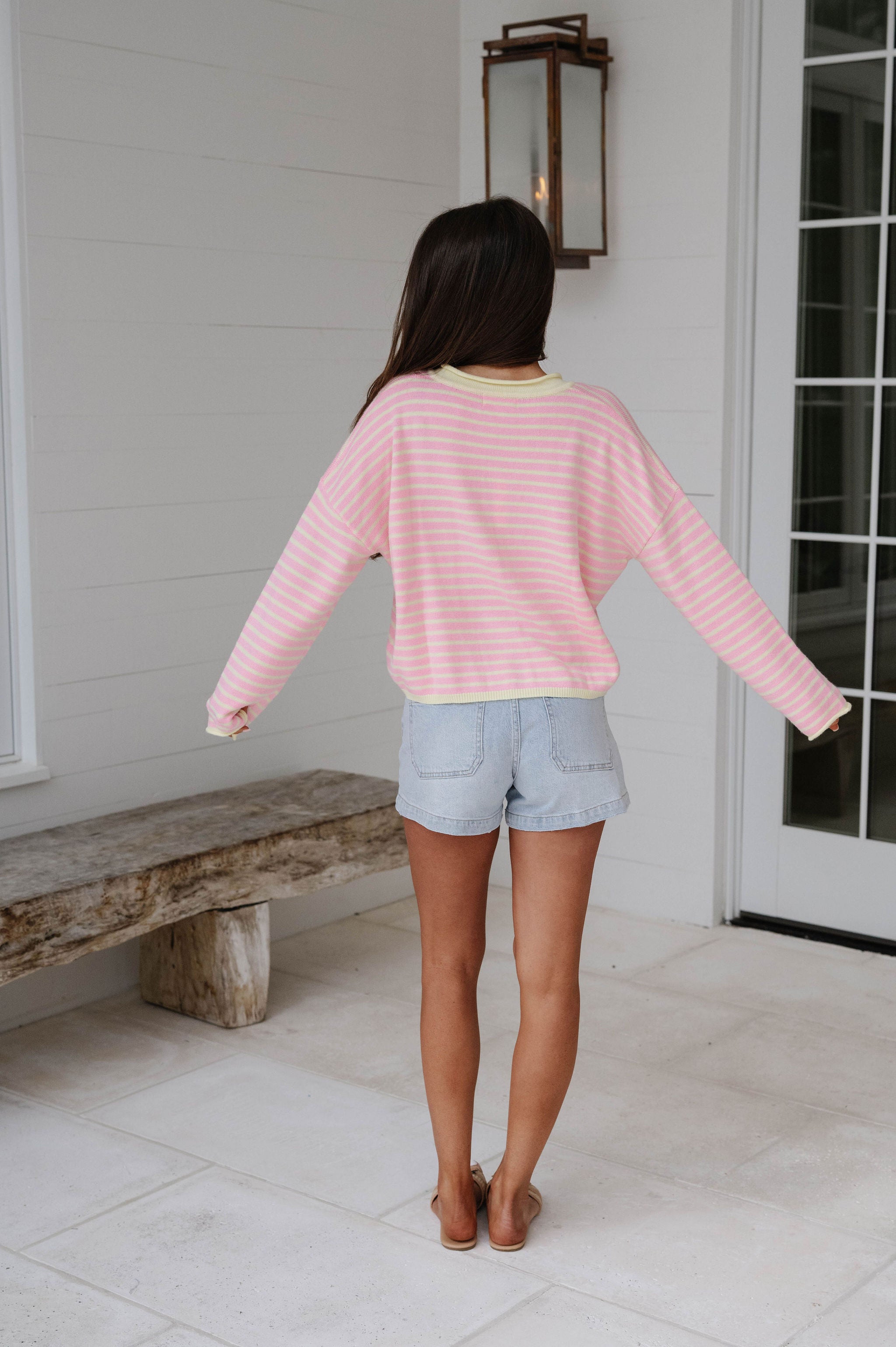 Liz Striped Henley Sweater-Pink/Yellow
