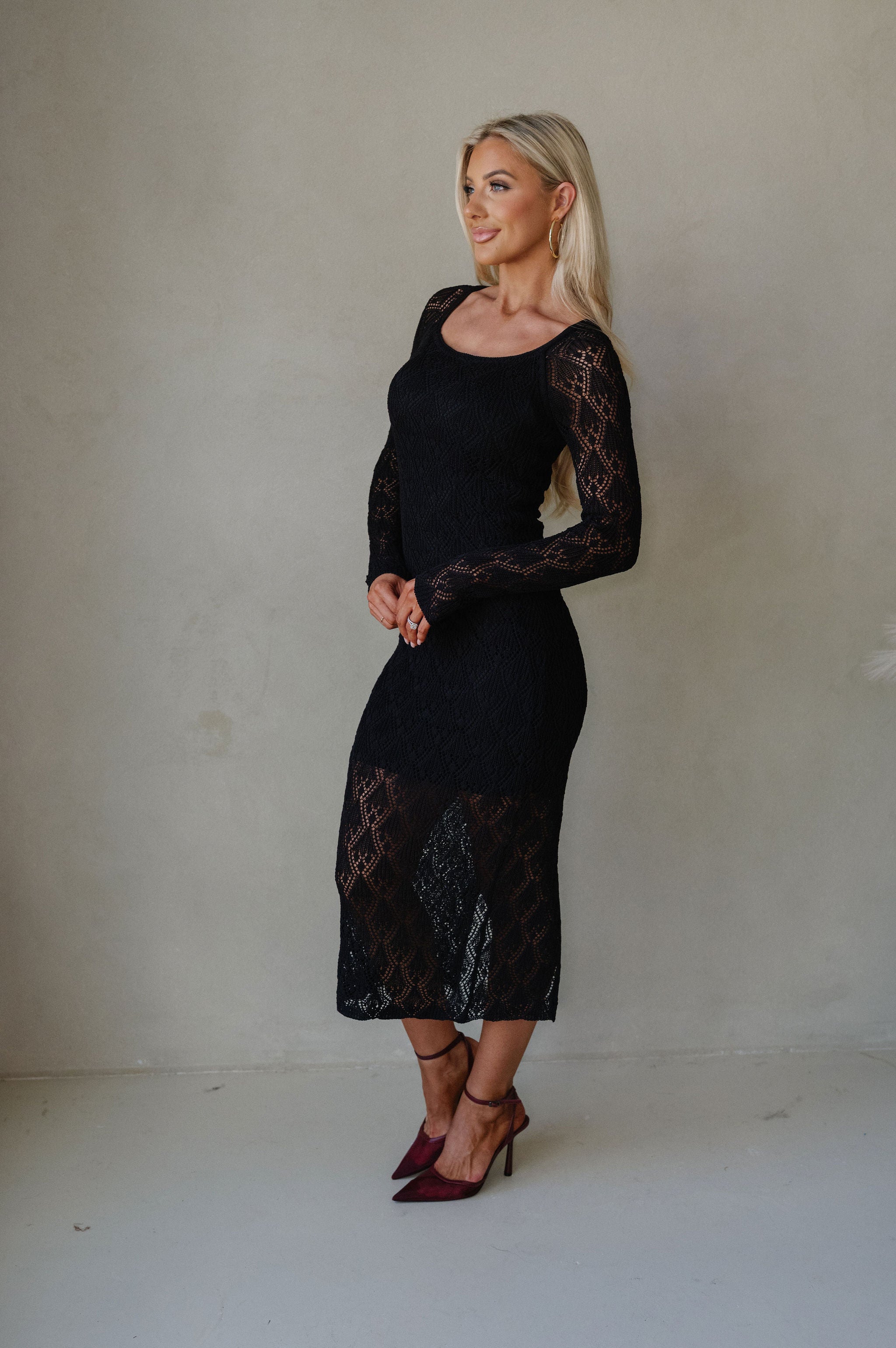 Pointelle Knit Midi Dress-Black