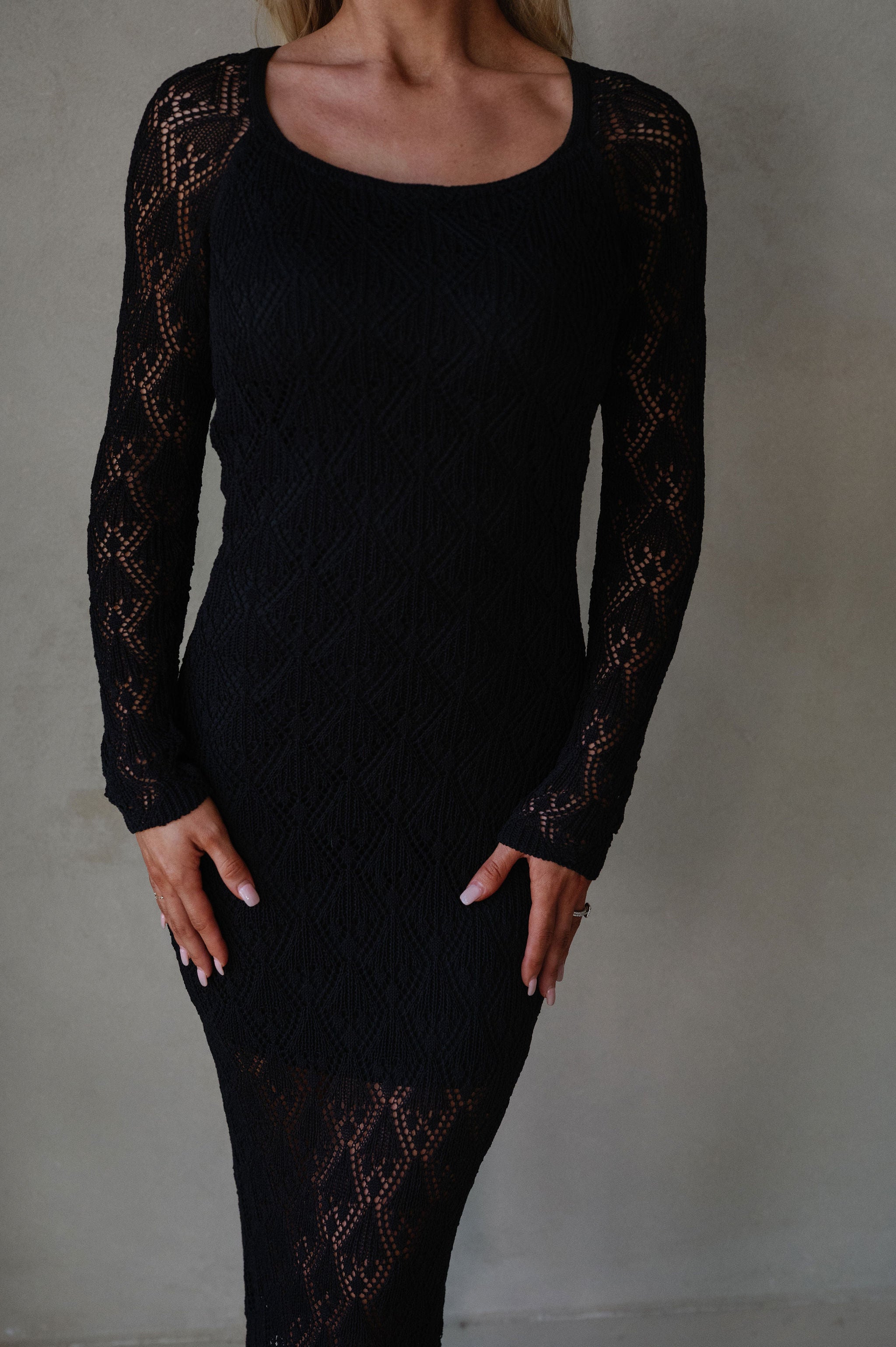 Pointelle Knit Midi Dress-Black