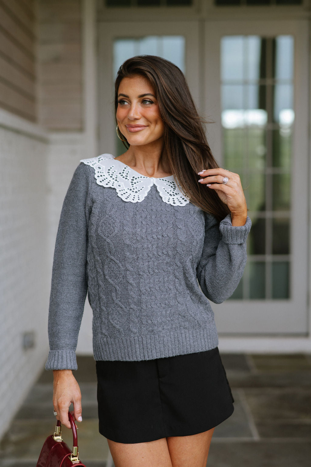 Eyelet Collared Cable Knit Sweater-Grey