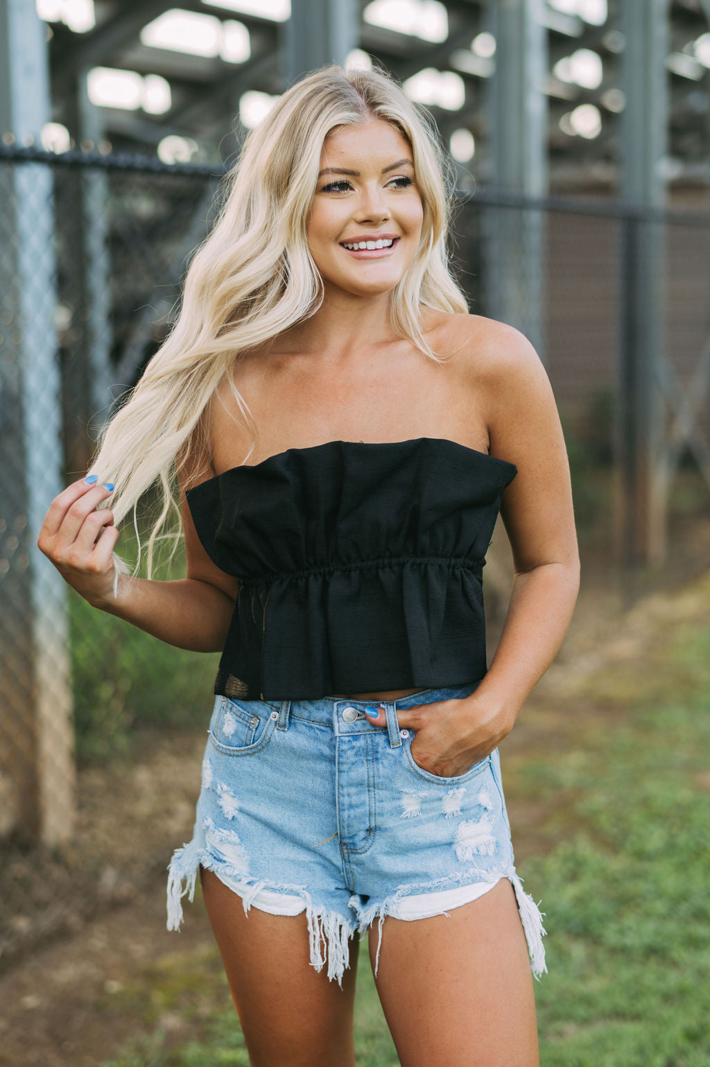 Ruched Strapless Top- Black