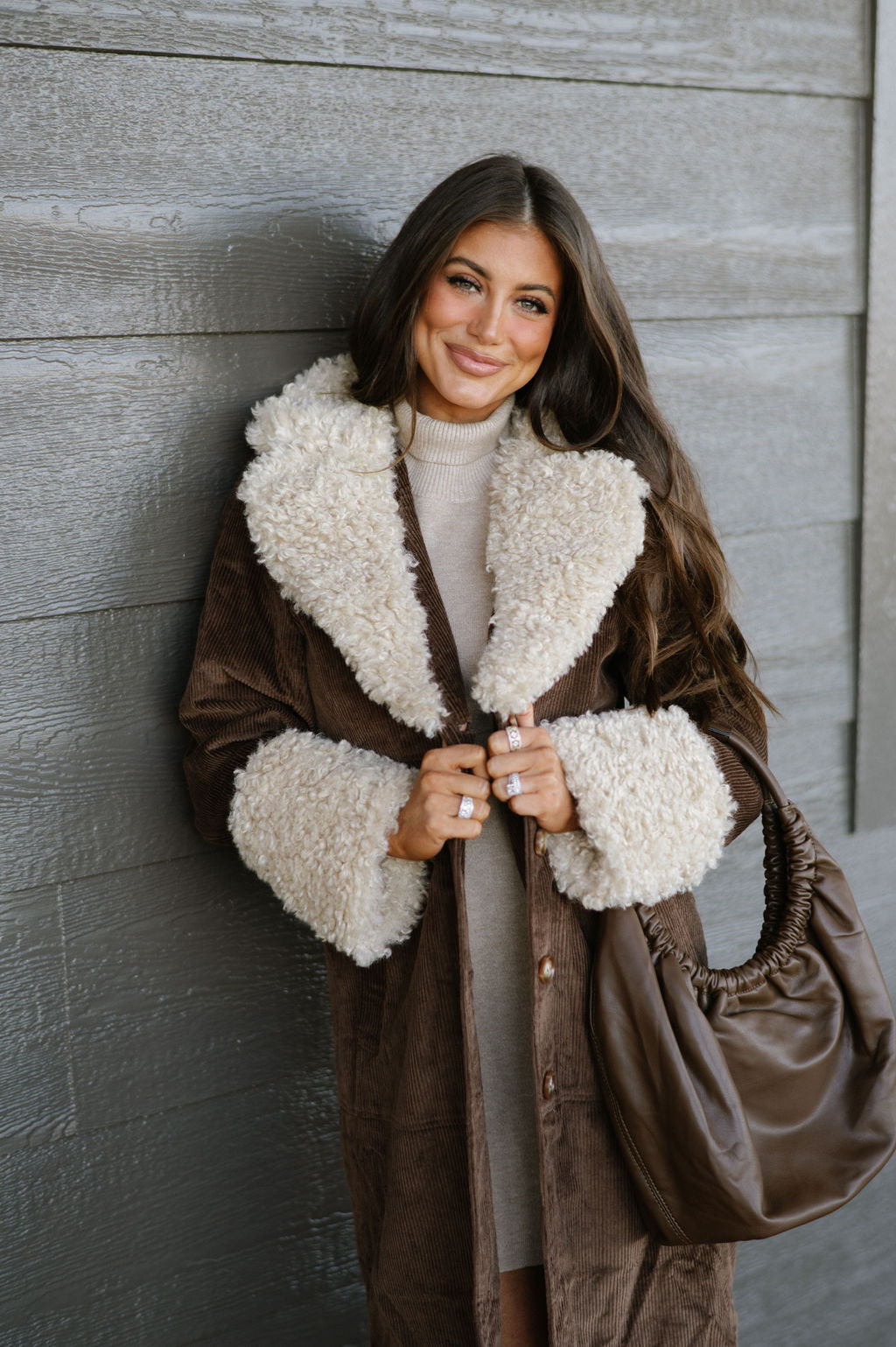 Faux Fur Trench Coat-Brown