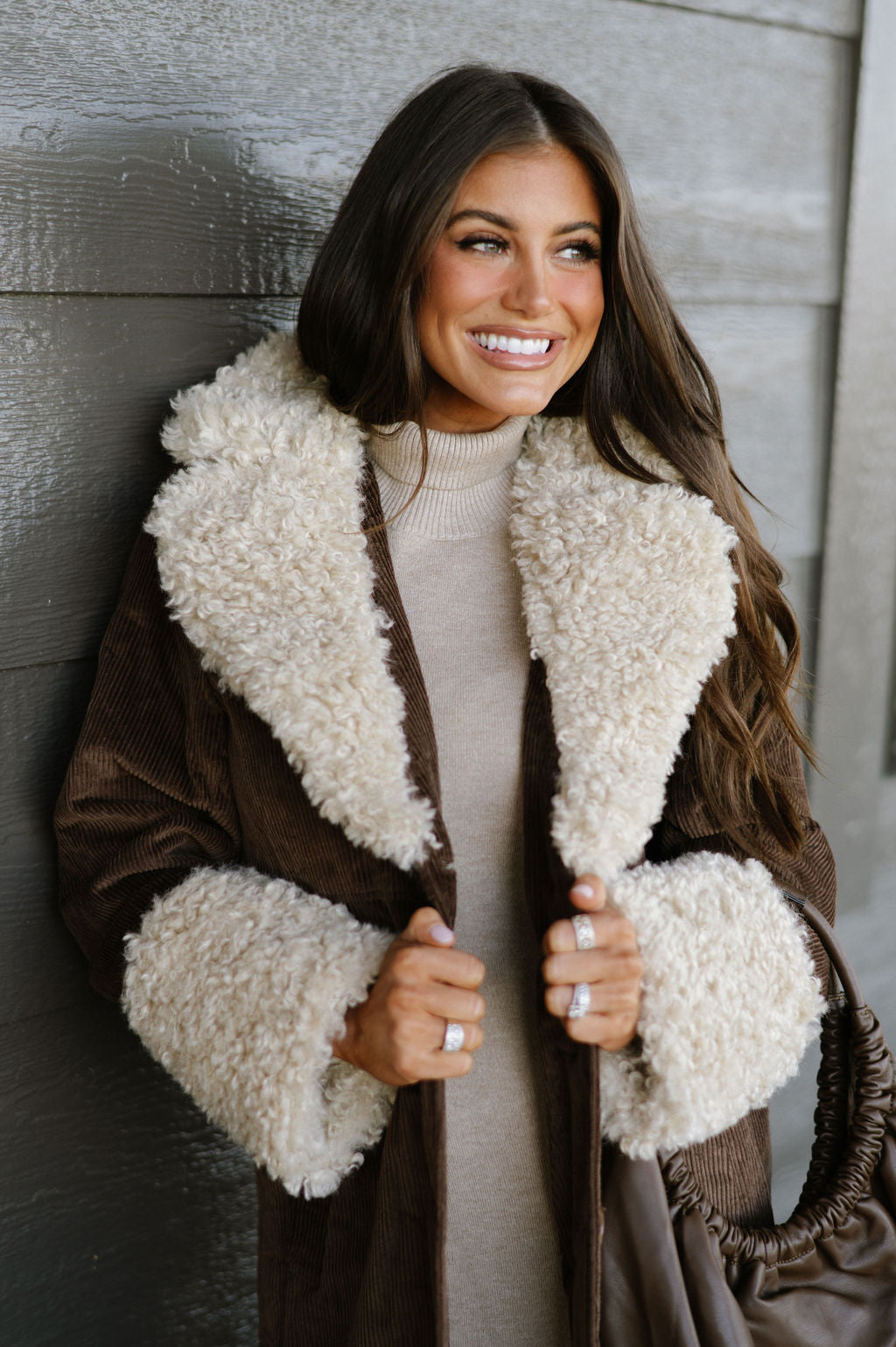 Faux Fur Trench Coat-Brown