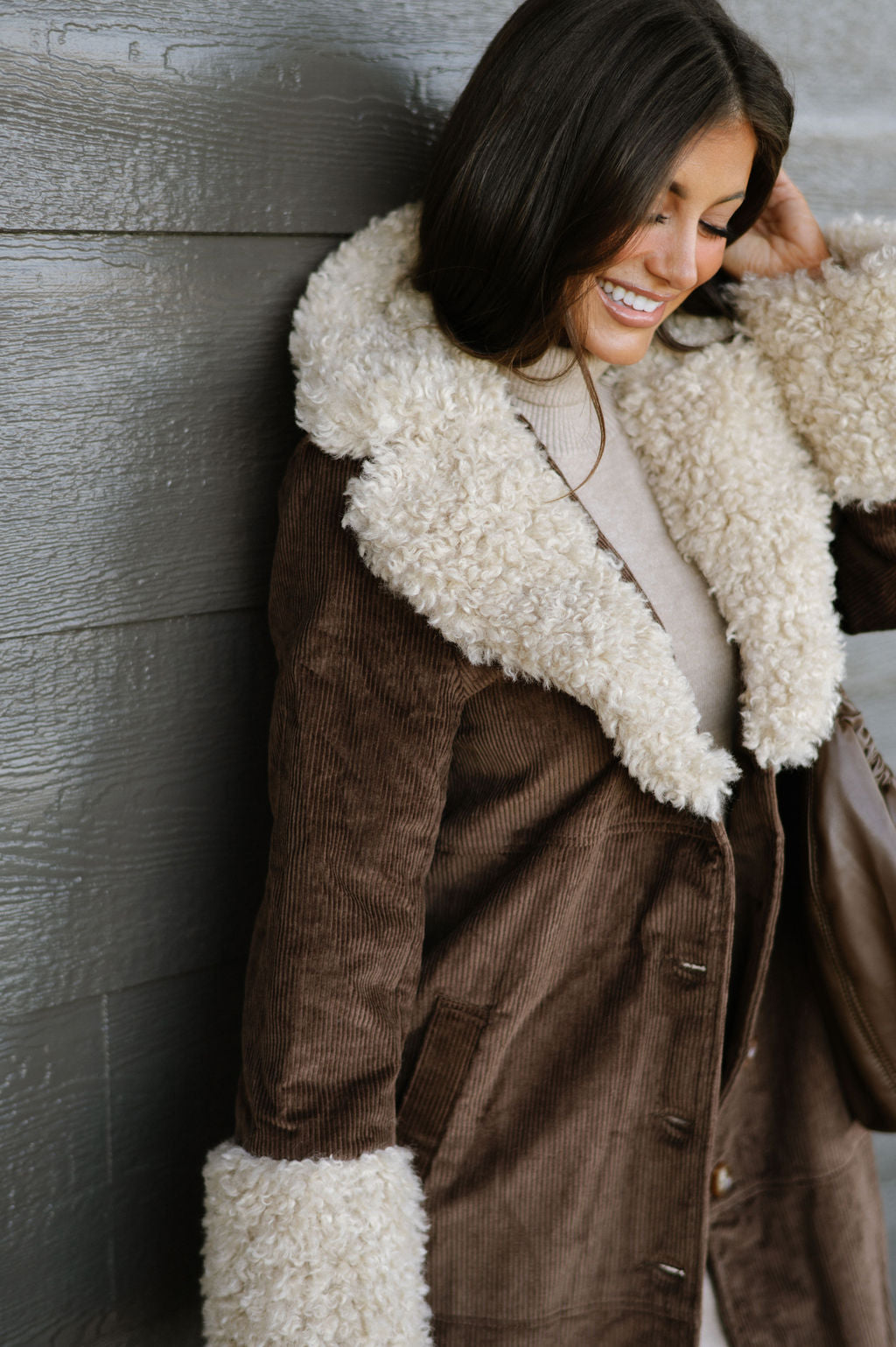 Faux Fur Trench Coat-Brown